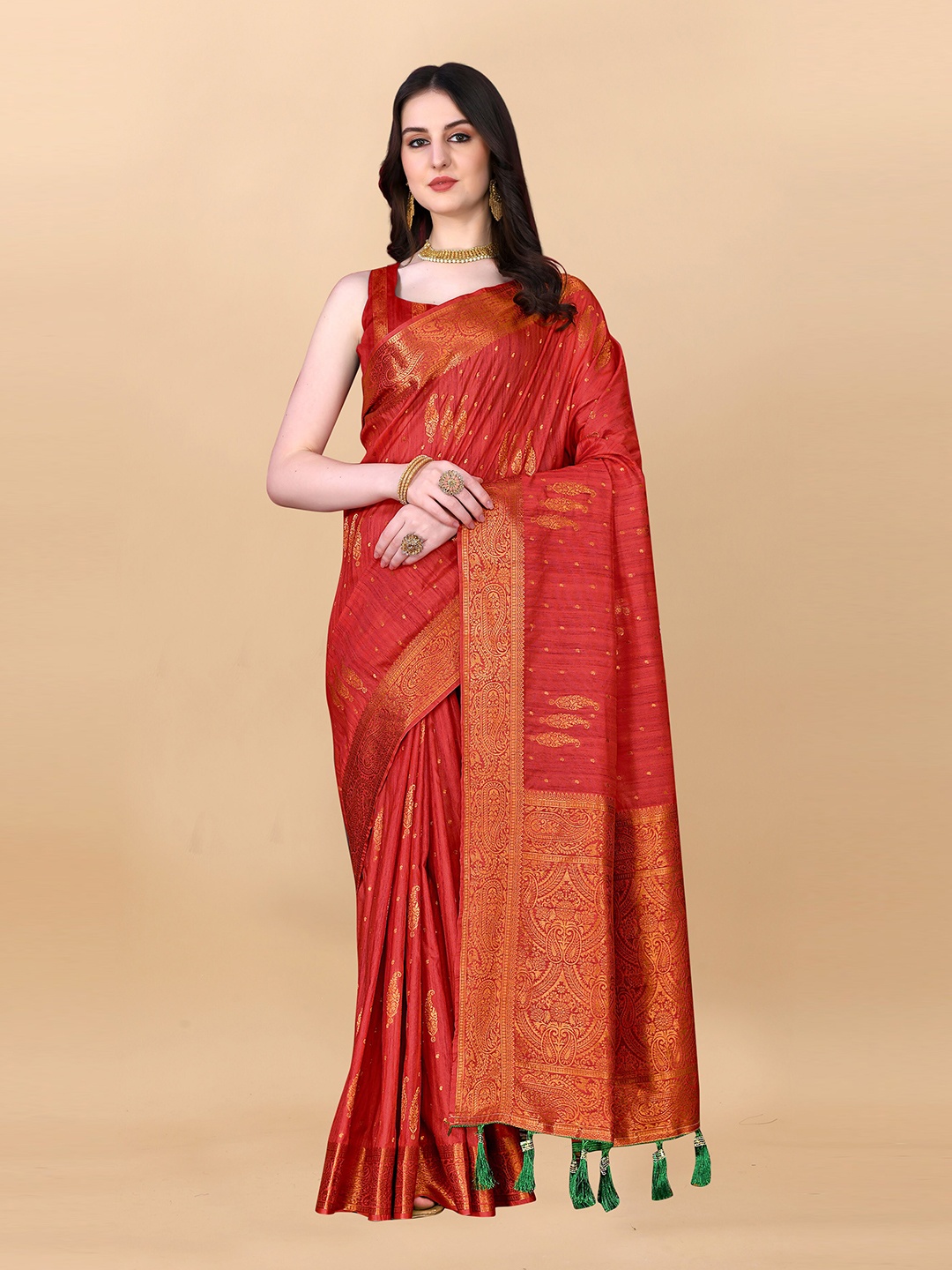 

Ekta Textiles Ethnic Motifs Zari Pure Silk Banarasi Saree, Red