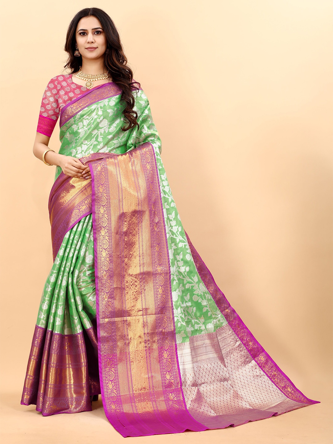 

Ekta Textiles Floral Woven Design Zari Pure Silk Kanjeevaram Saree, Green