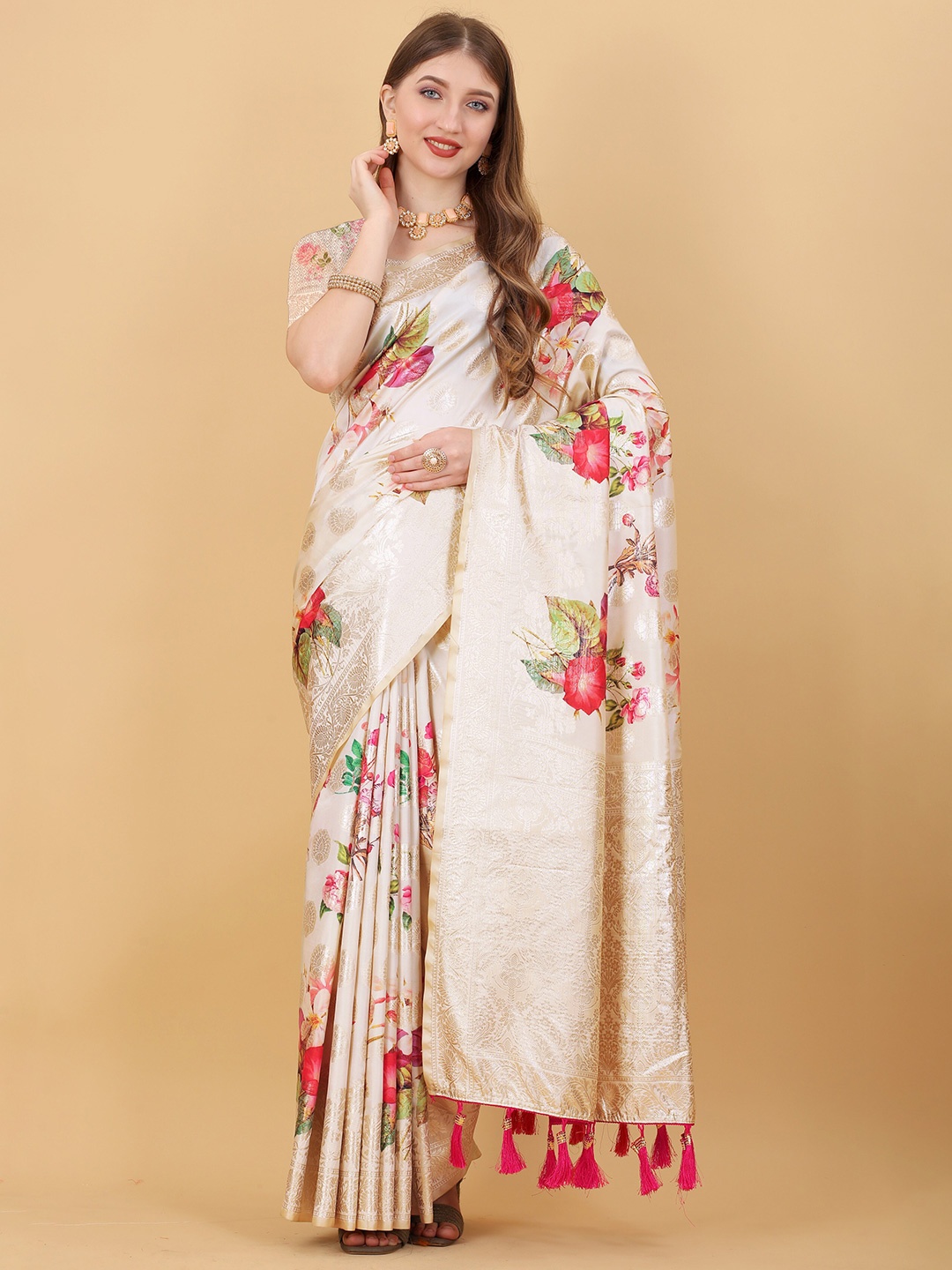 

Ekta Textiles Ethnic Motifs Woven Design Zari Pure Silk Banarasi Saree, White