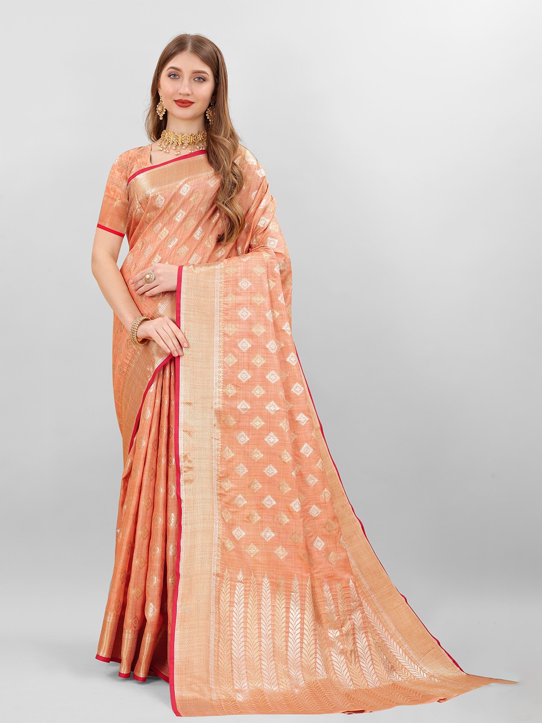 

Ekta Textiles Ethnic Motifs Woven Design Zari Pure Silk Banarasi Saree, Peach