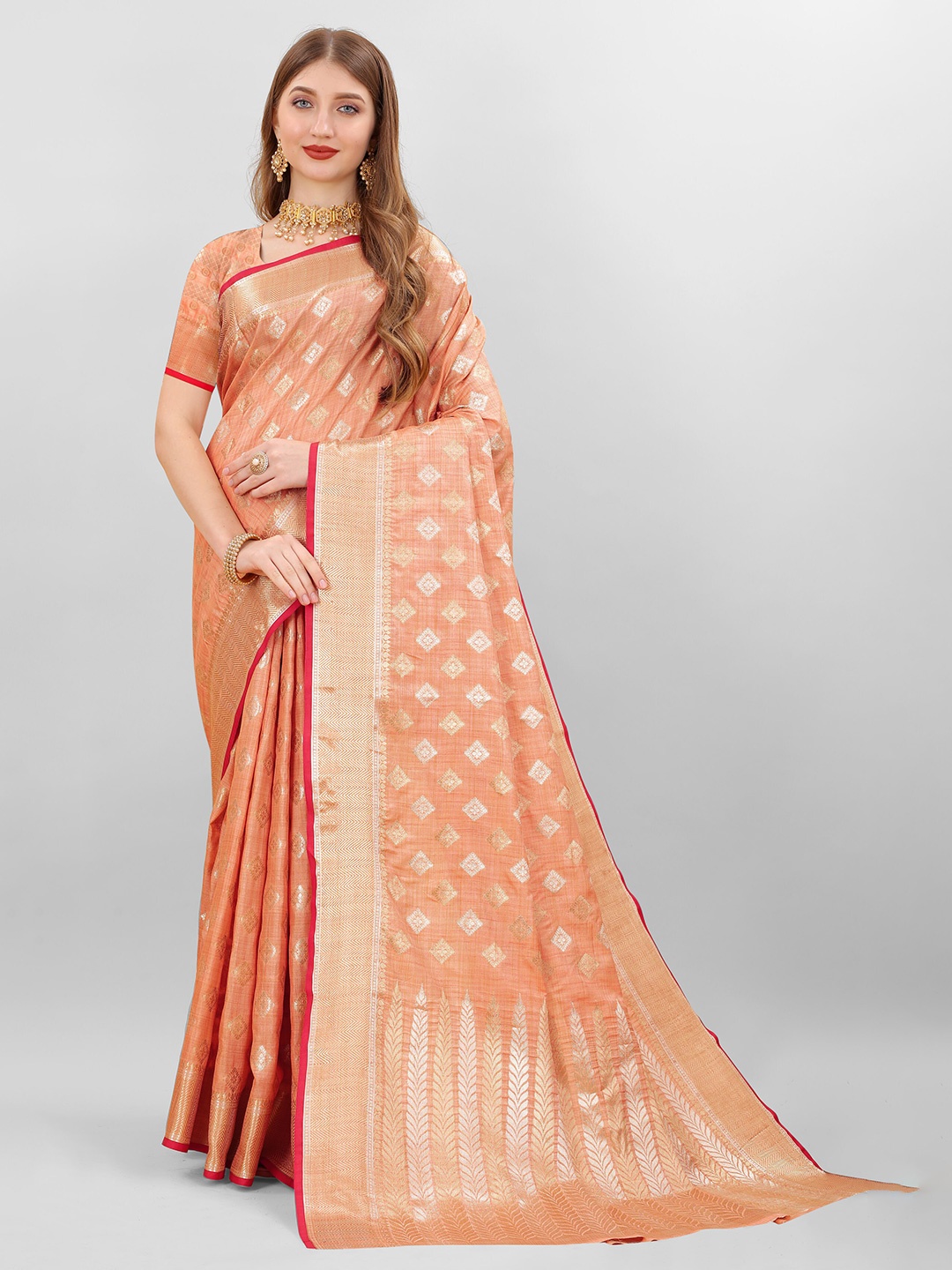 

Ekta Textiles Ethnic Motifs Woven Design Zari Pure Silk Banarasi Saree, Peach