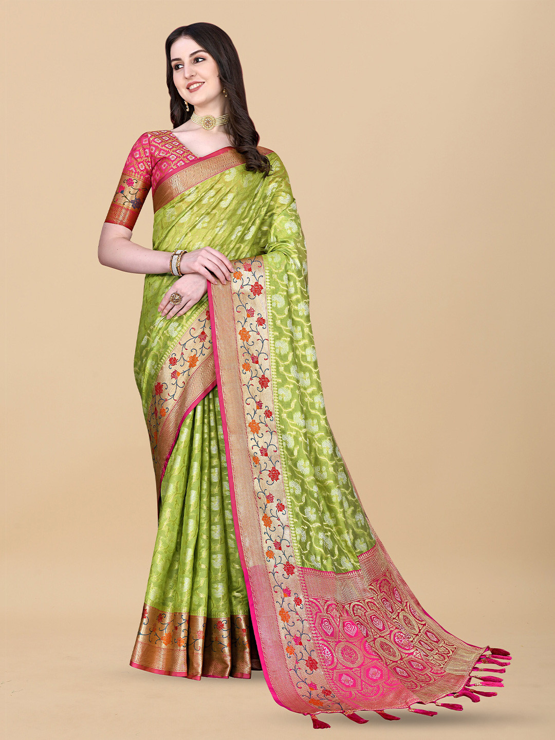 

Ekta Textiles Ethnic Motifs Woven Design Zari Pure Silk Banarasi Saree, Green