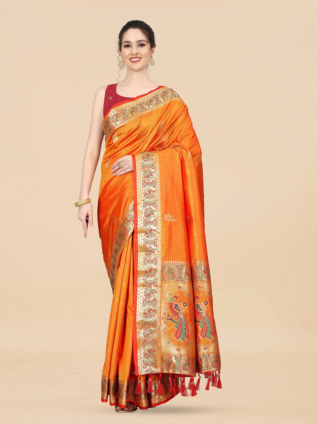 

Ekta Textiles Ethnic Motifs Woven Design Zari Pure Silk Banarasi Saree, Orange