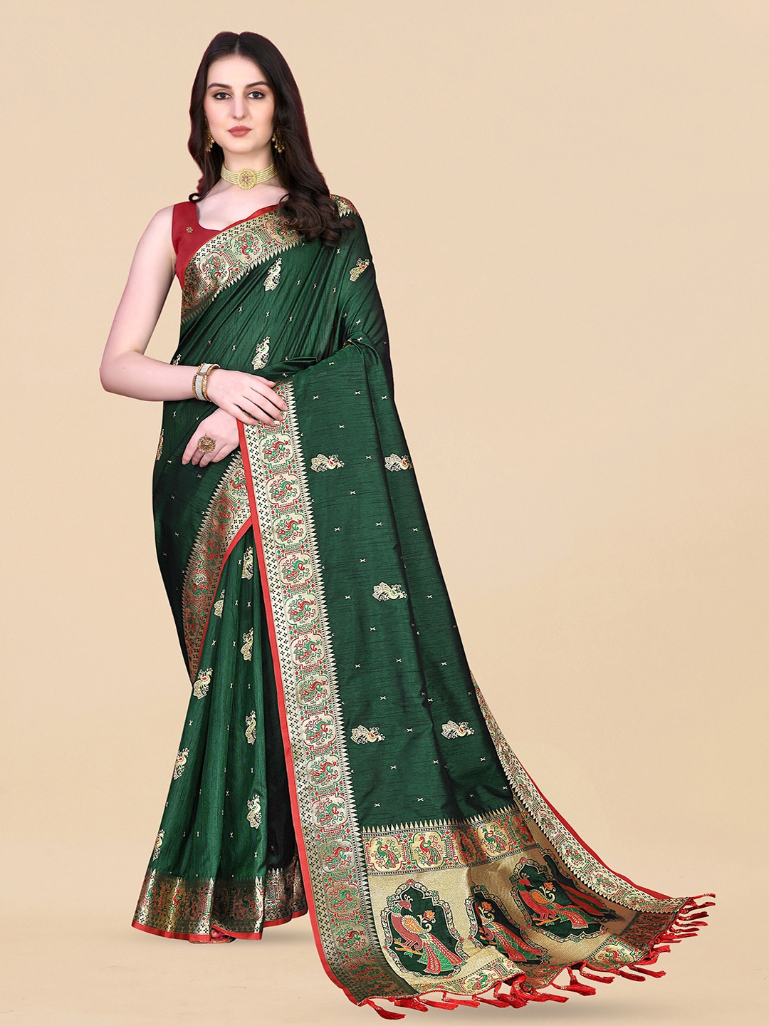 

Ekta Textiles Ethnic Motifs Woven Design Zari Pure Silk Banarasi Saree, Green