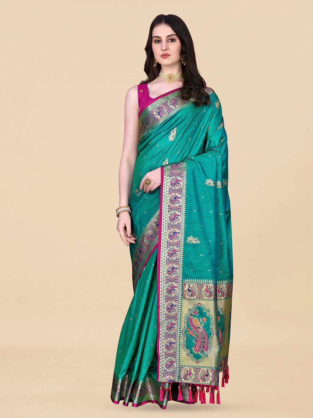 

Ekta Textiles Ethnic Motifs Woven Design Zari Pure Silk Banarasi Saree, Teal