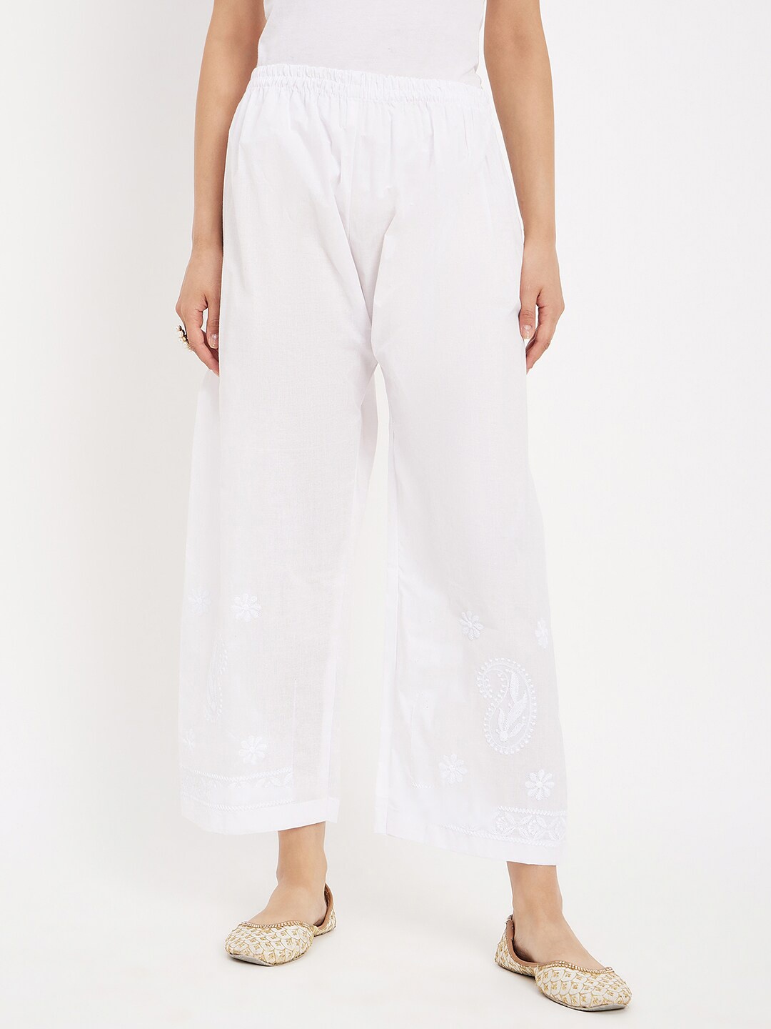 

Castle Lifestyle Floral Embroidered Knitted Ethnic Palazzos, White