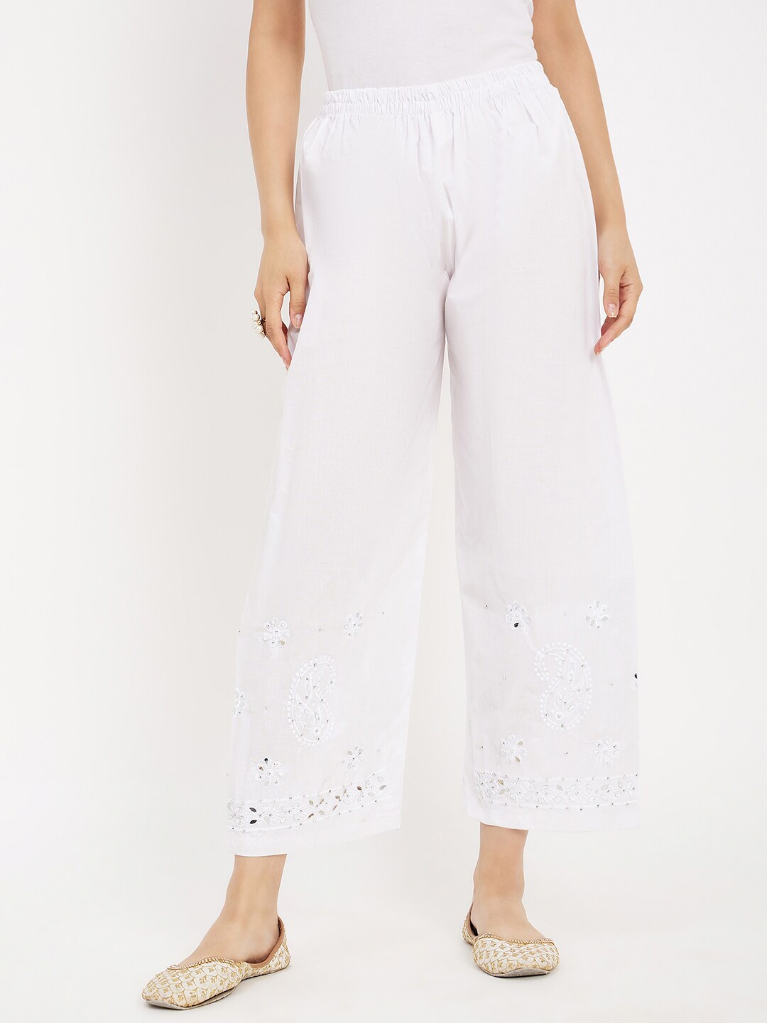 

Castle Lifestyle Floral Embellished Knitted Ethnic Palazzos, White