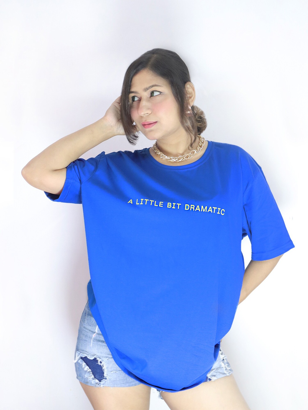 

Soho Boho Studio Typography Printed Relaxed Fit Pure Cotton Casual Longline T-Shirt, Blue