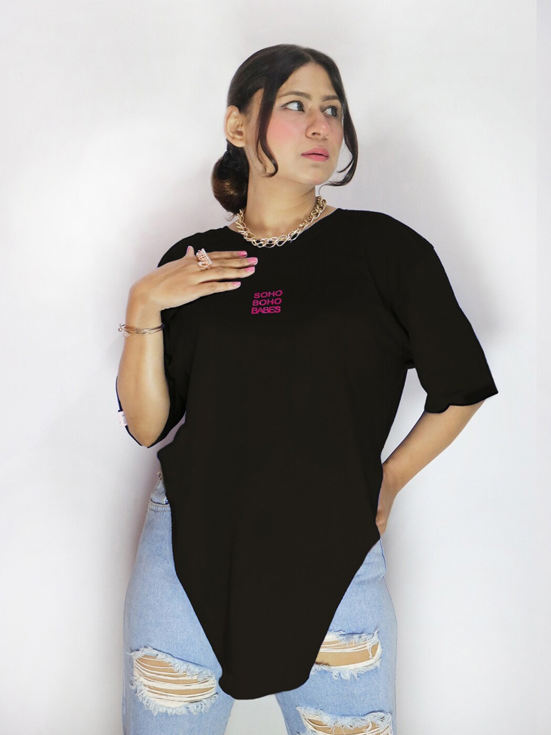 

Soho Boho Studio Round Neck Relaxed Fit Pure Cotton Casual Longline T-Shirt, Black