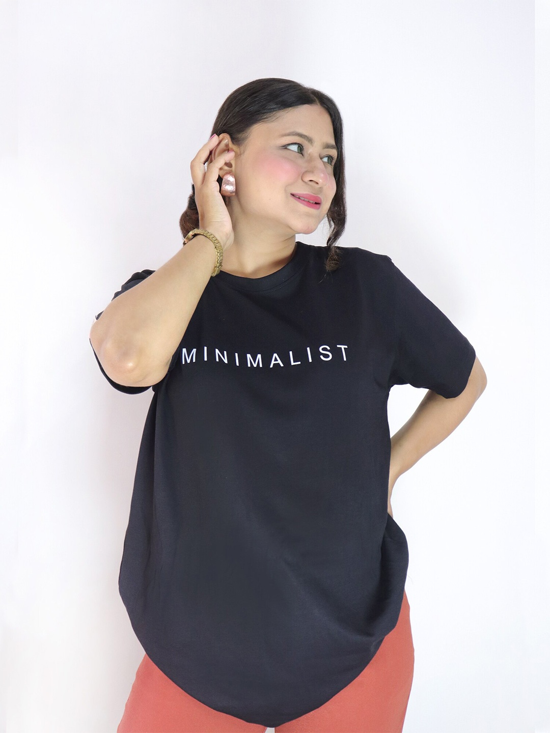 

Soho Boho Studio Typography Printed Relaxed Fit Pure Cotton Casual Longline T-Shirt, Black