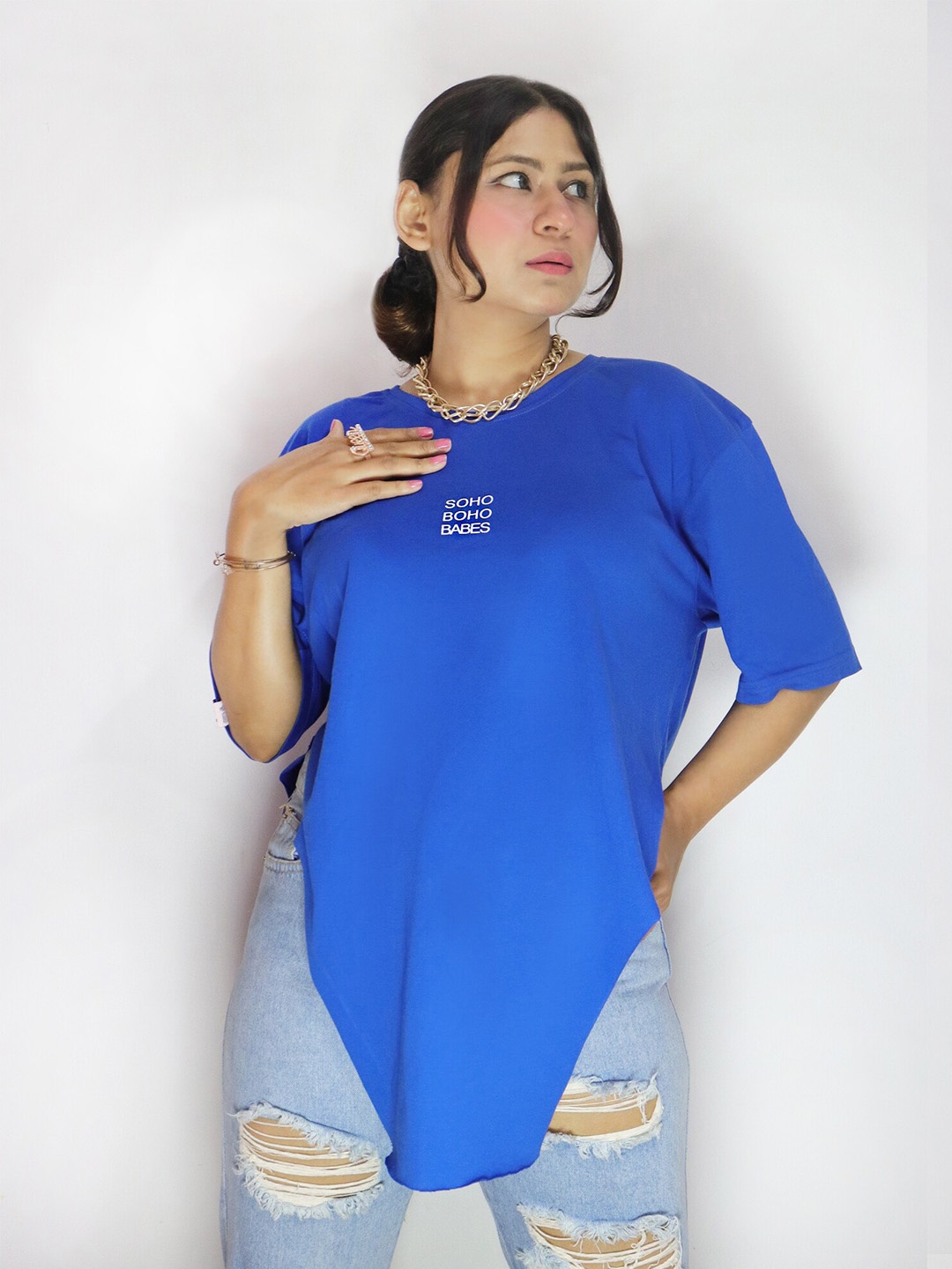 

Soho Boho Studio Typography Printed Relaxed Fit Pure Cotton Casual Longline T-Shirt, Blue
