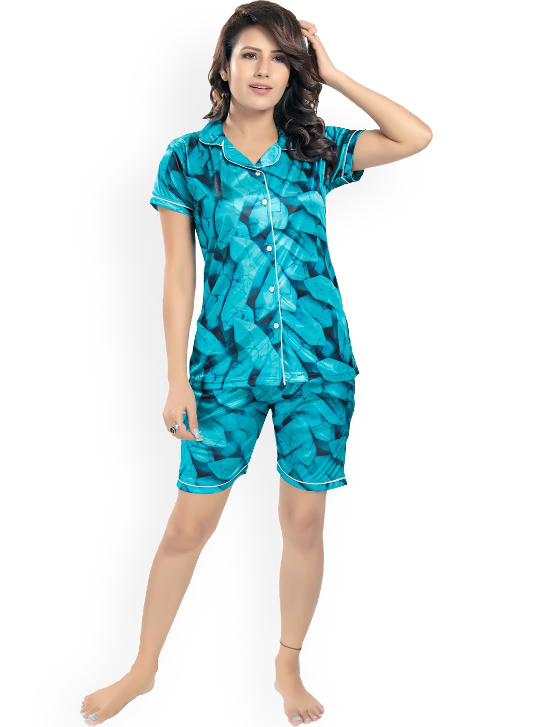 

Zionity Abstract Printed Satin Night suit, Blue