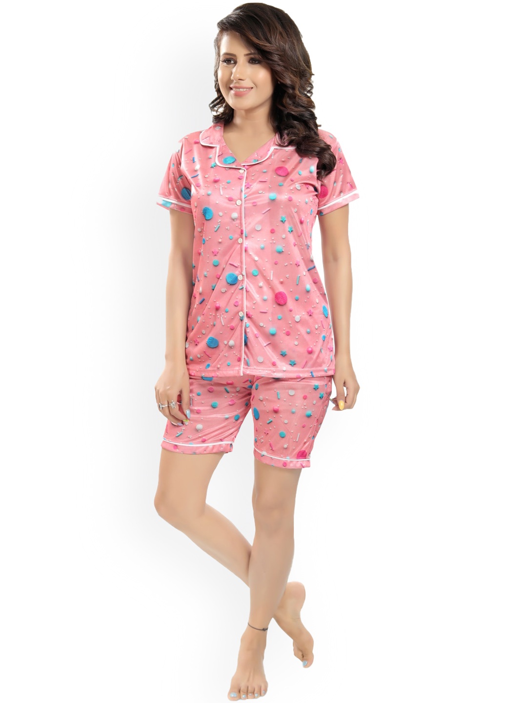 

Zionity Geometric Printed Satin Night suit, Pink