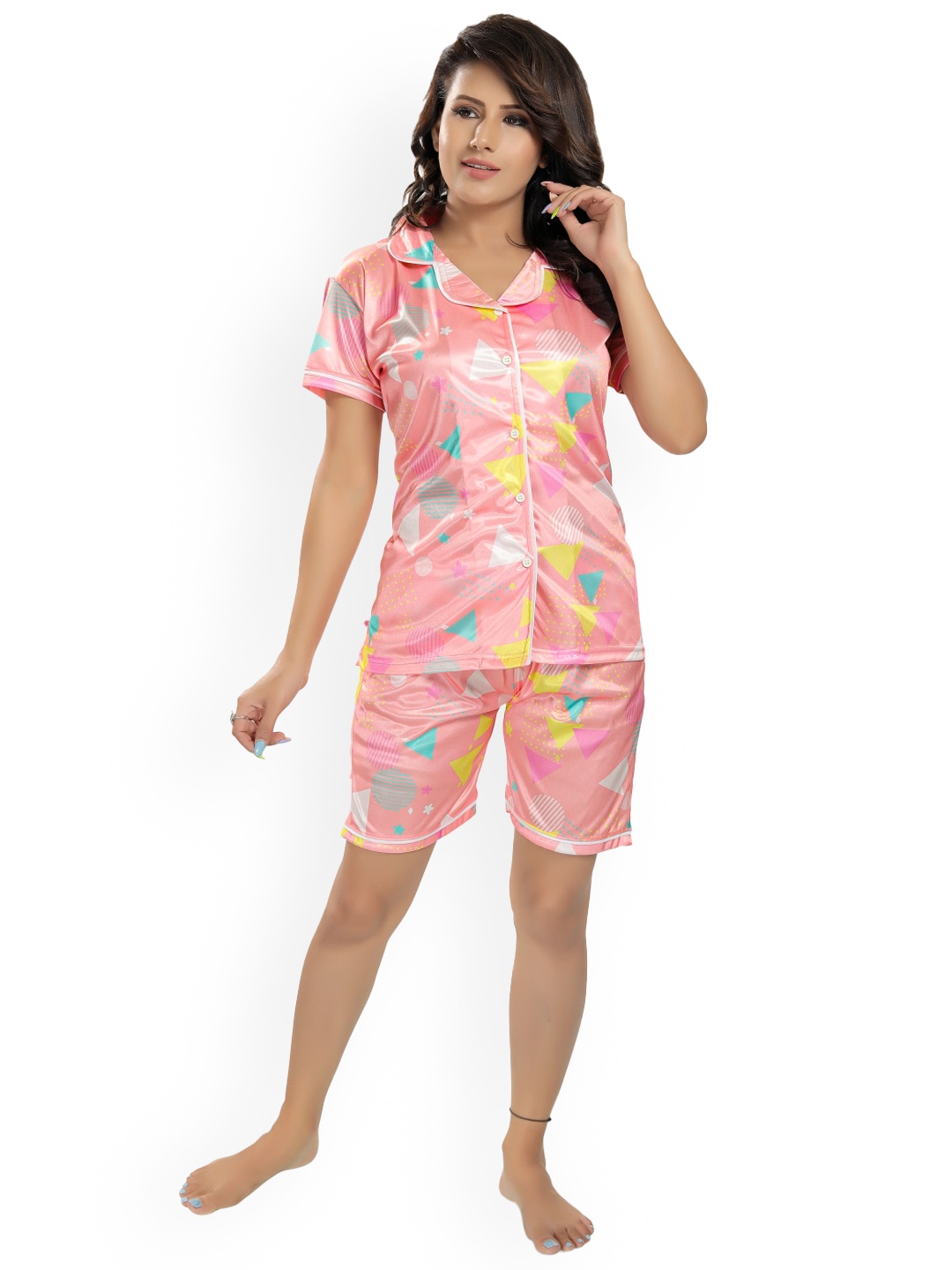 

Zionity Geometric Printed Satin Night Suit, Pink