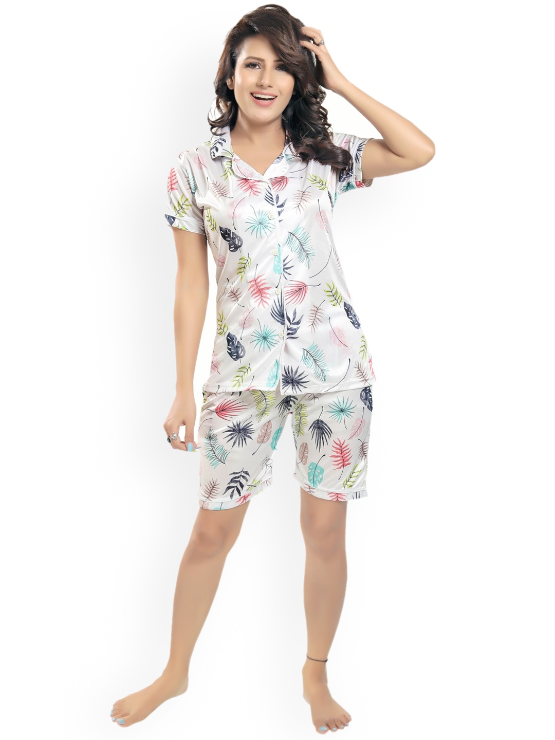 

Zionity Floral Printed Satin Night suit, White