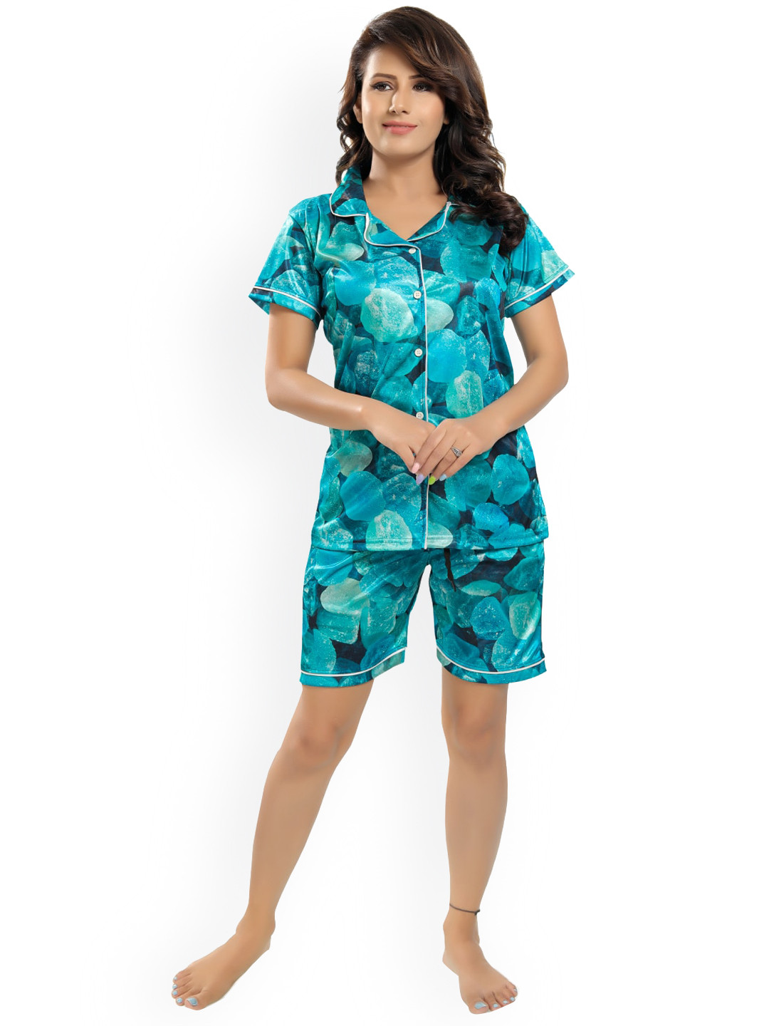 

Zionity Abstract Printed Satin Night suit, Blue