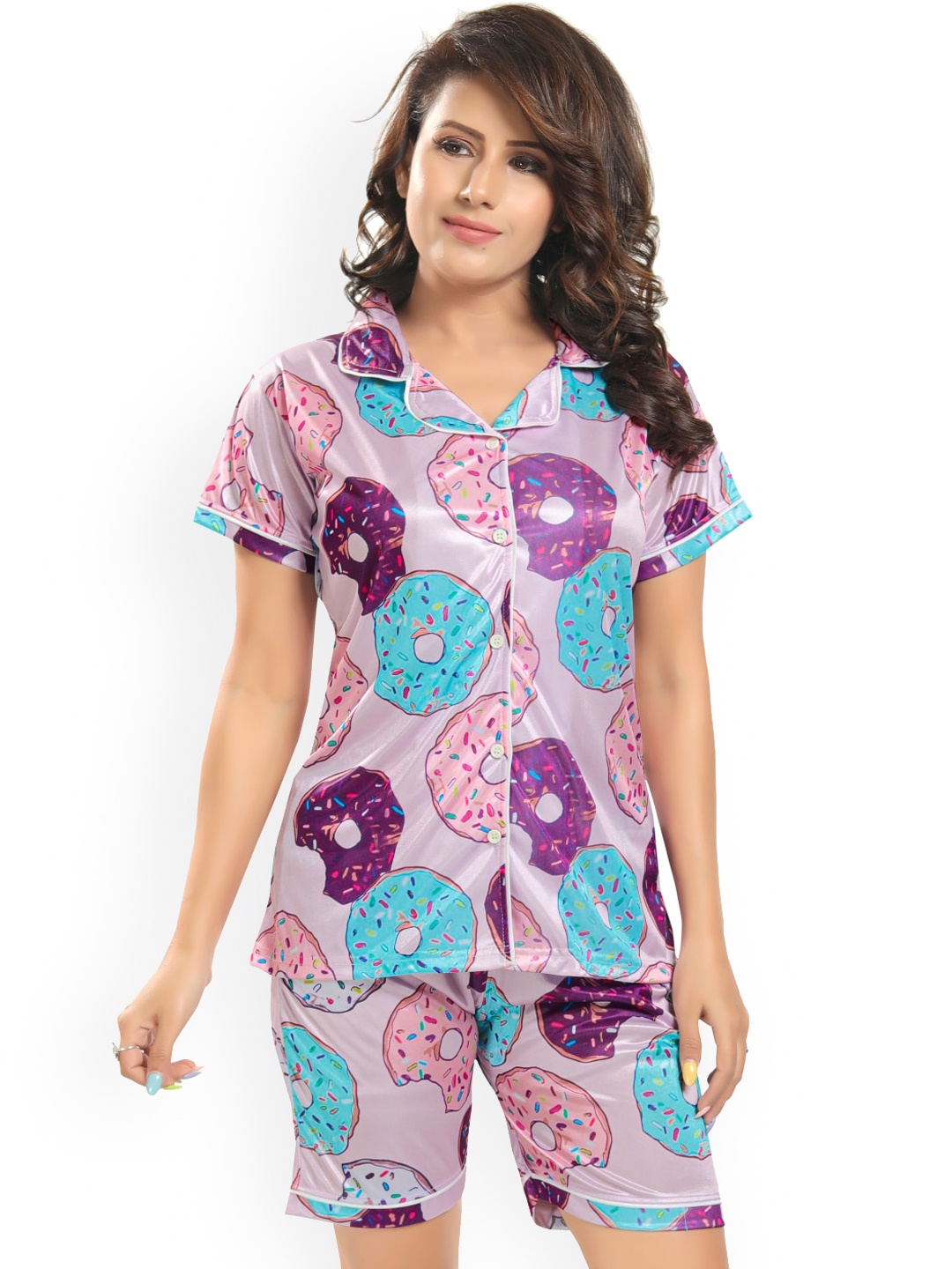 

Zionity Graphic Printed Satin Night suit, Purple
