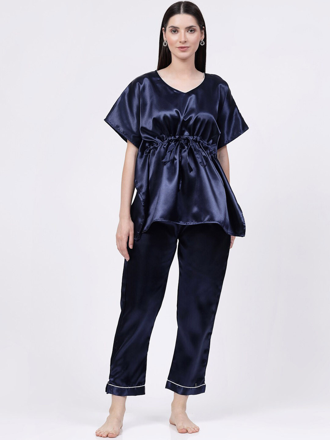 

KLOTTHE V-Neck Satin Kaftan Night Suit, Navy blue