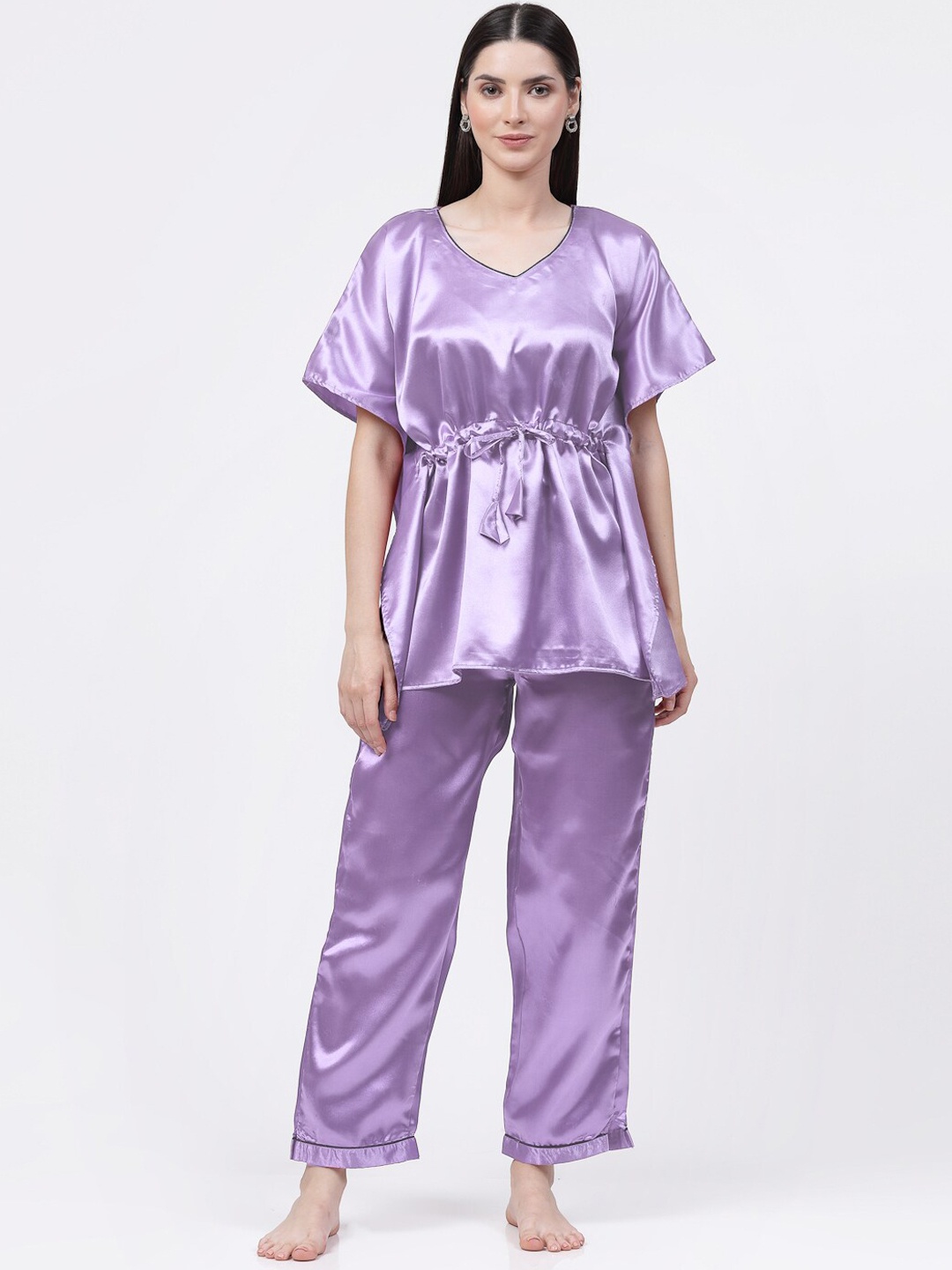 

KLOTTHE V-Neck Satin Kaftan Night Suit, Lavender