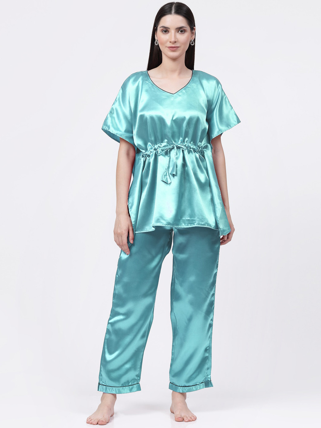 

KLOTTHE V-Neck Satin Kaftan Night Suit, Blue