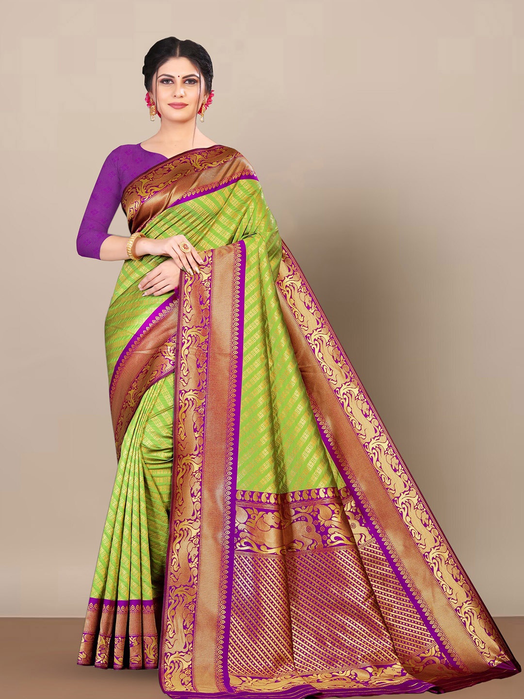 

Anjaneya Sarees Ethnic Motifs Woven Design Zari Saree, Green