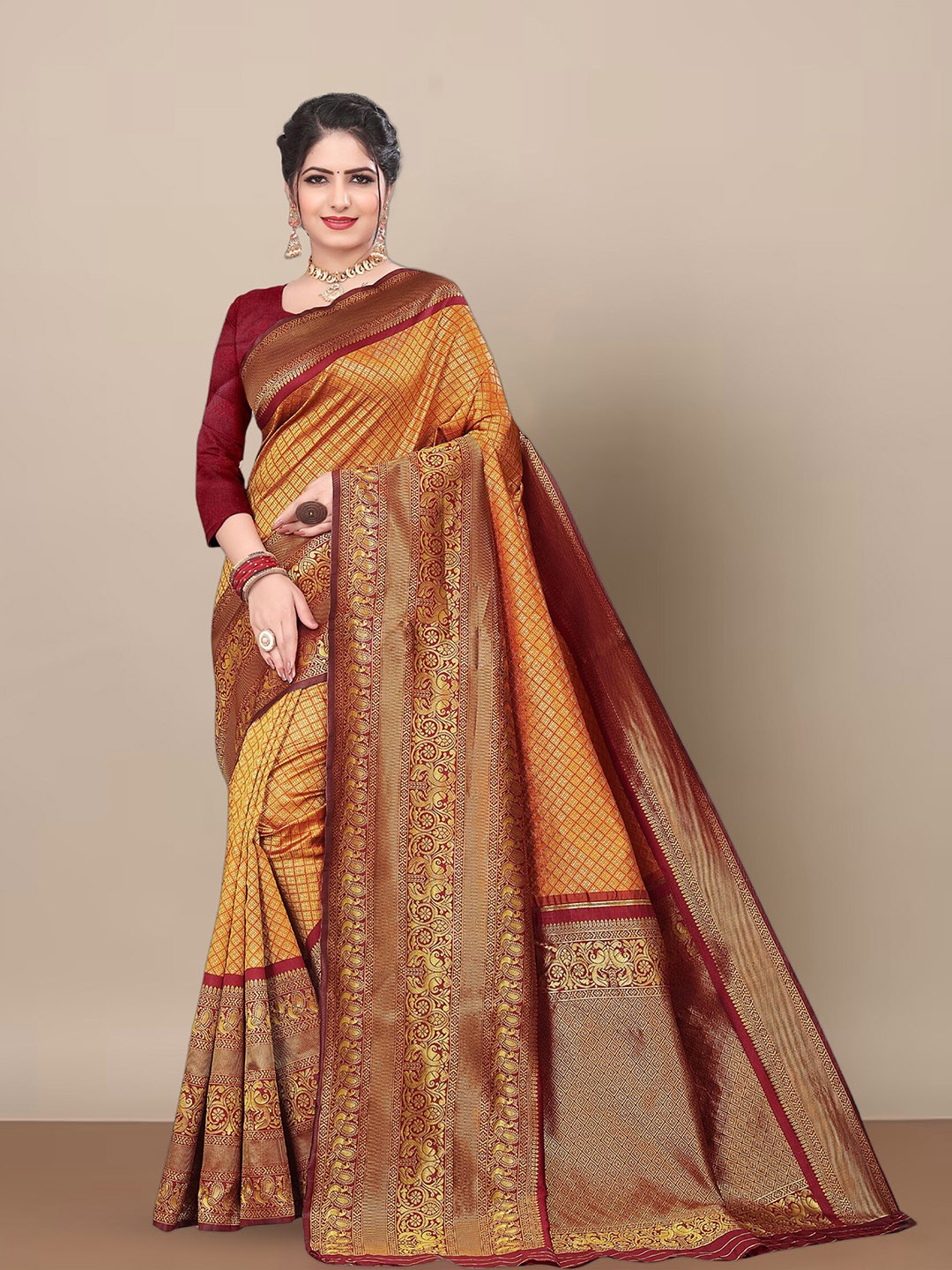 

Anjaneya Sarees Ethnic Motifs Woven Design Zari Saree, Orange