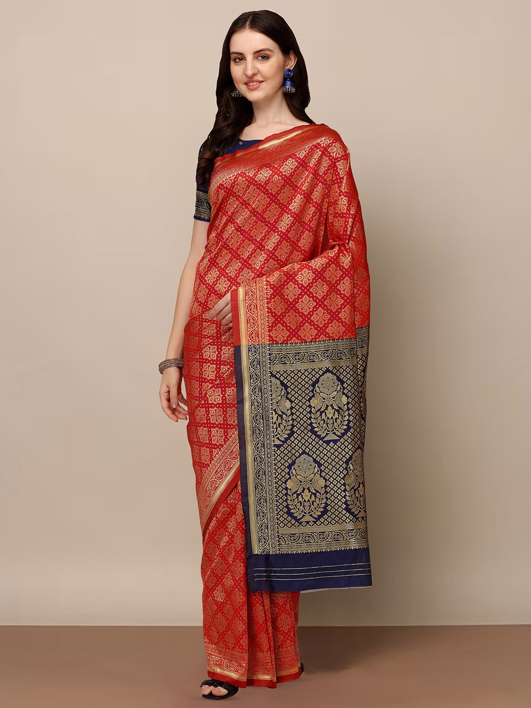 

Anjaneya Sarees Ethnic Motifs Woven Design Zari Saree, Red