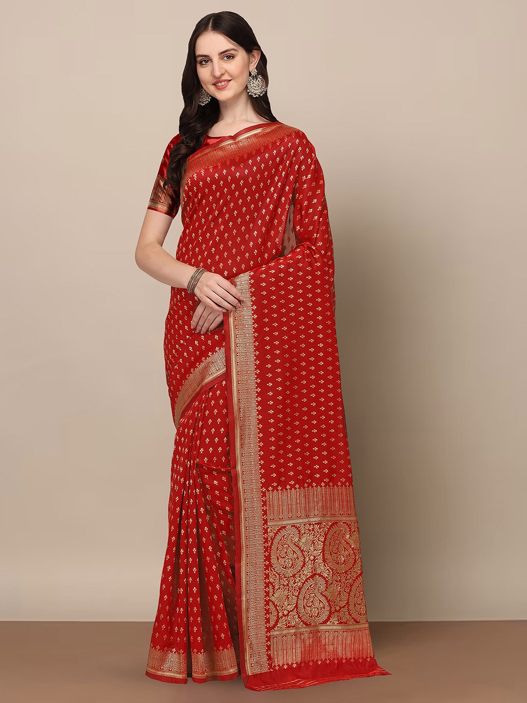 

Anjaneya Sarees Ethnic Motifs Woven Design Zari Saree, Red