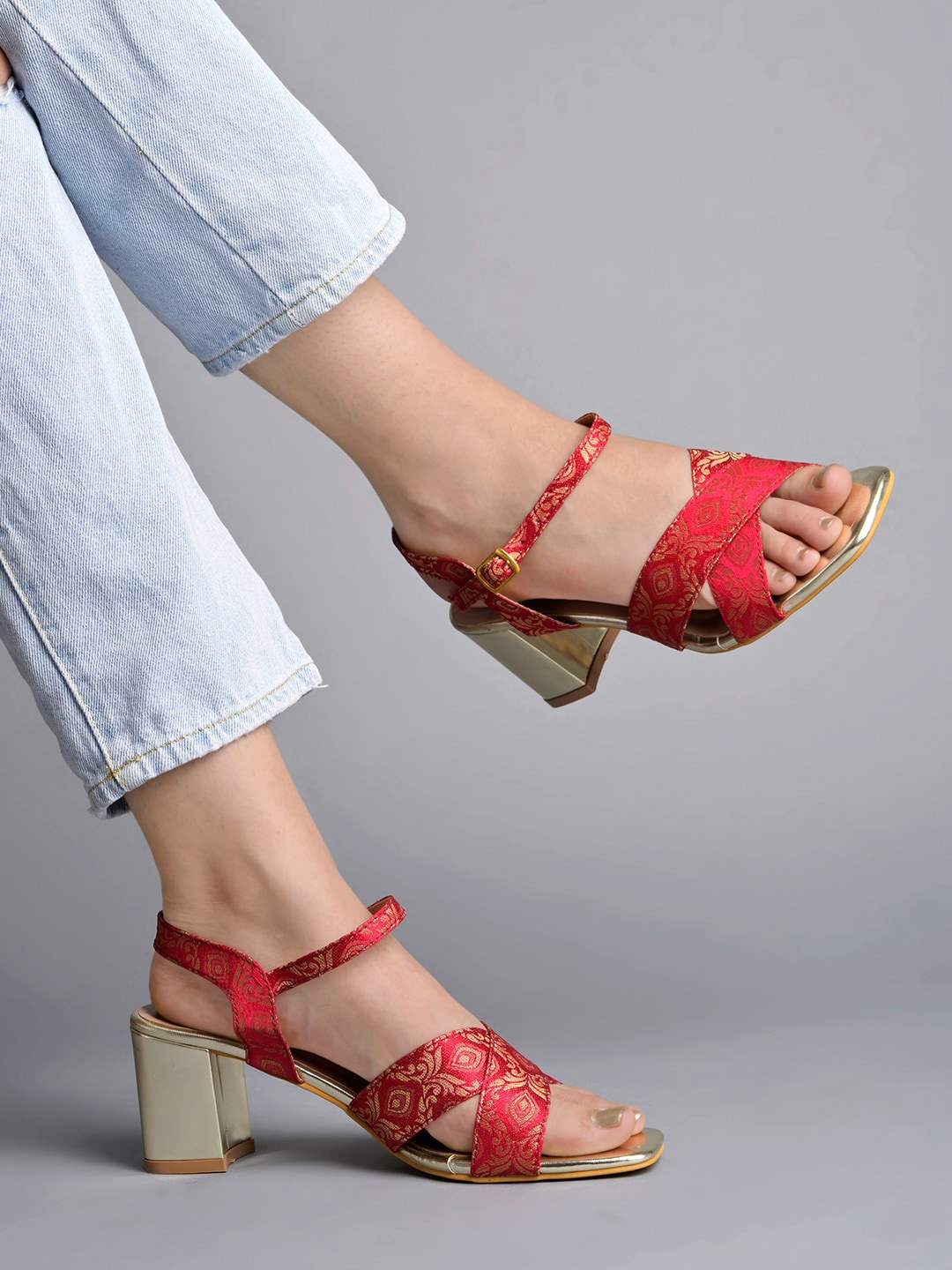 

Shoetopia Girls Ethnic Printed Block Heels with Buckles, Red