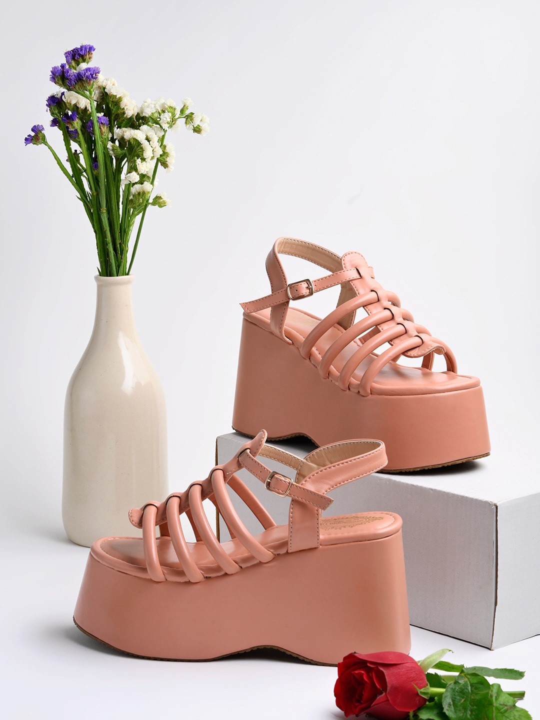 

Shoetopia Girls Open Toe Flatform Heels with Buckles, Peach