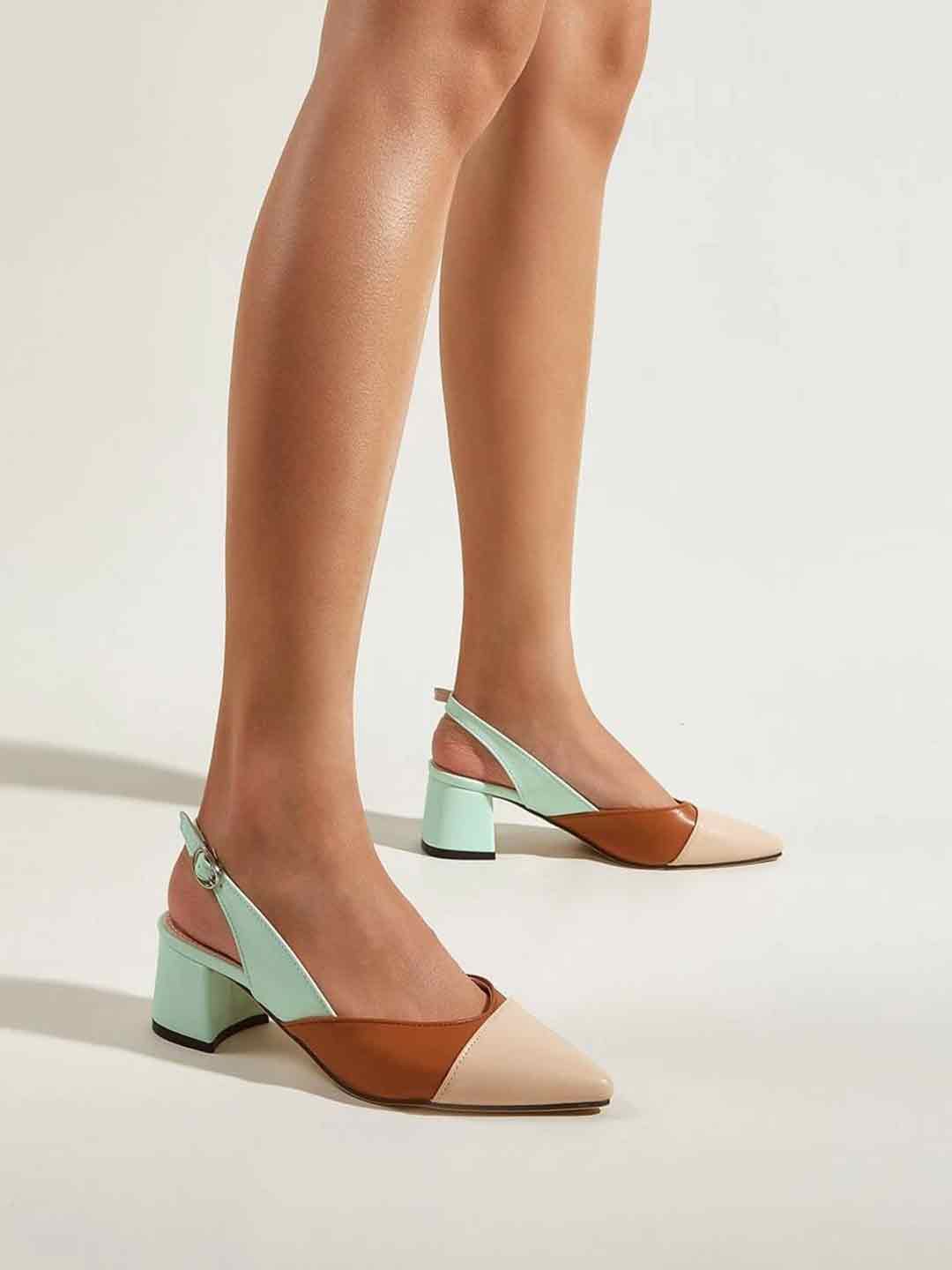 

Shoetopia Girls Colourblocked Block Slingback Heels With Buckles, Cream