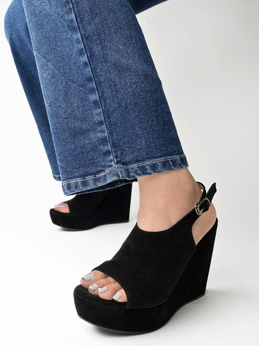

Shoetopia Girls Open Toe Wedge Heel Mules, Black