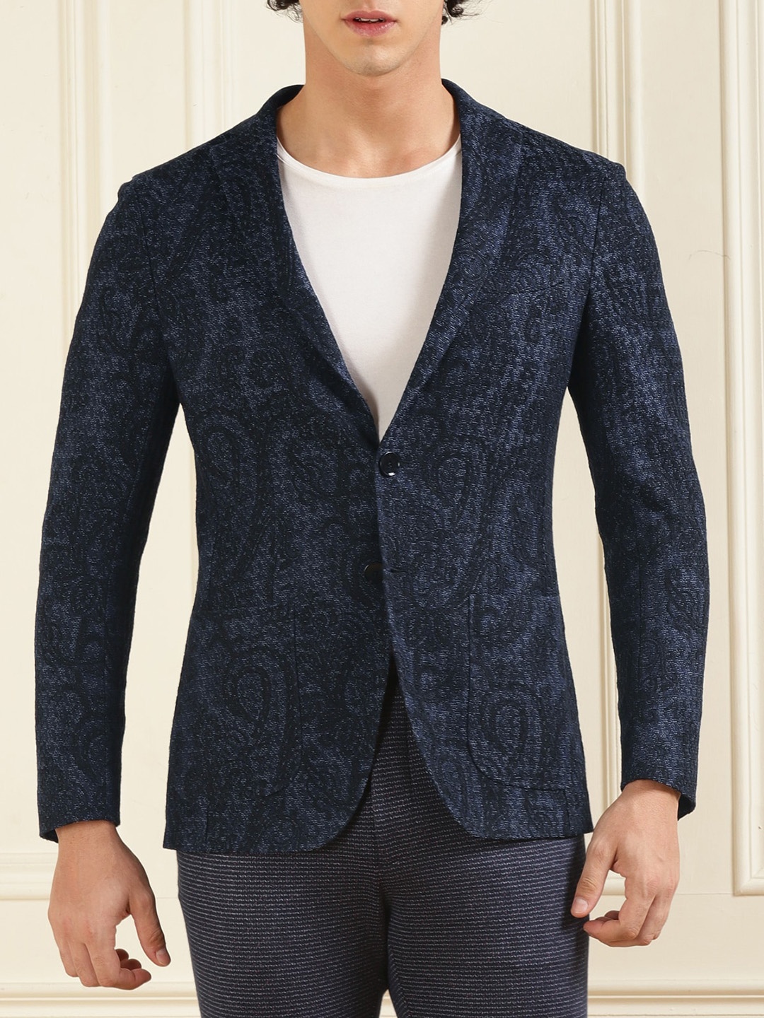 

ETRO Self Design Pure Cotton Single-Breasted Blazer, Navy blue