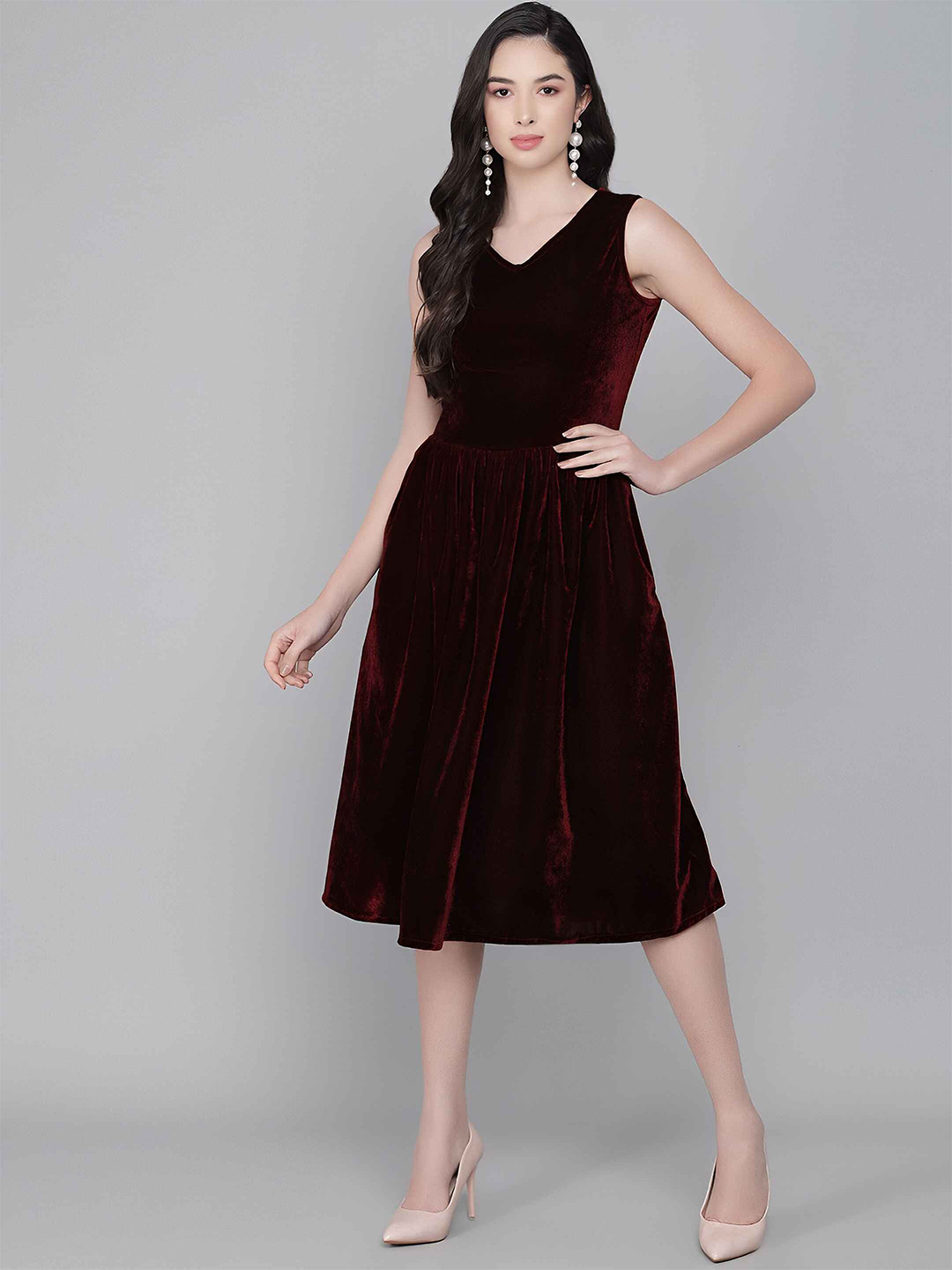 

SIDYAL V-Neck Velvet Fit & Flare Midi Dress, Maroon