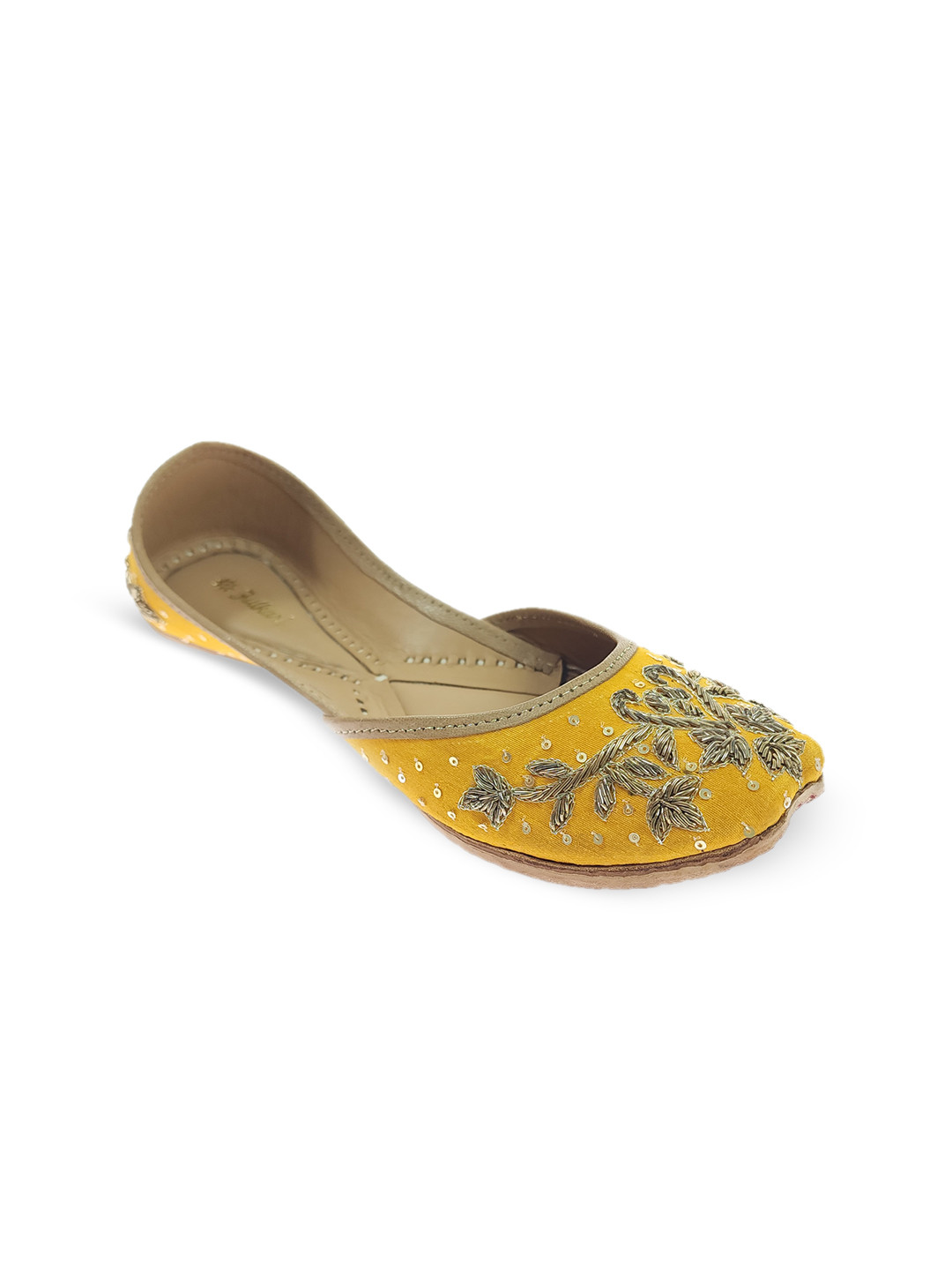 

Fulkari Ethnic Embellished Square Toe Leather Mojaris, Yellow