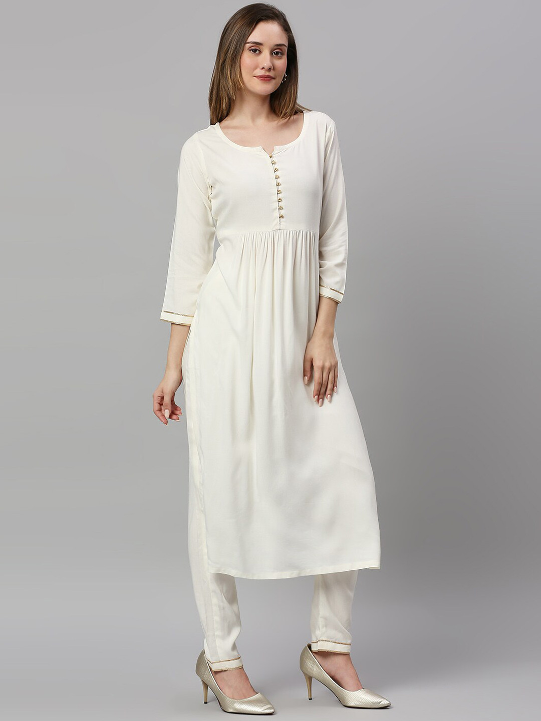 

Anuthi Round Neck Pleated Kurta with Trousers, Cream