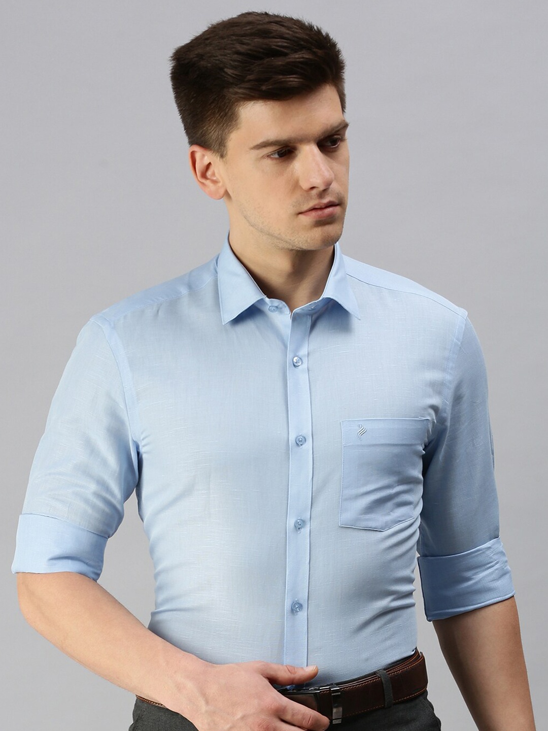

ALAYA Slim Fit Spread Collar Opaque Cotton Linen Formal Shirt, Blue