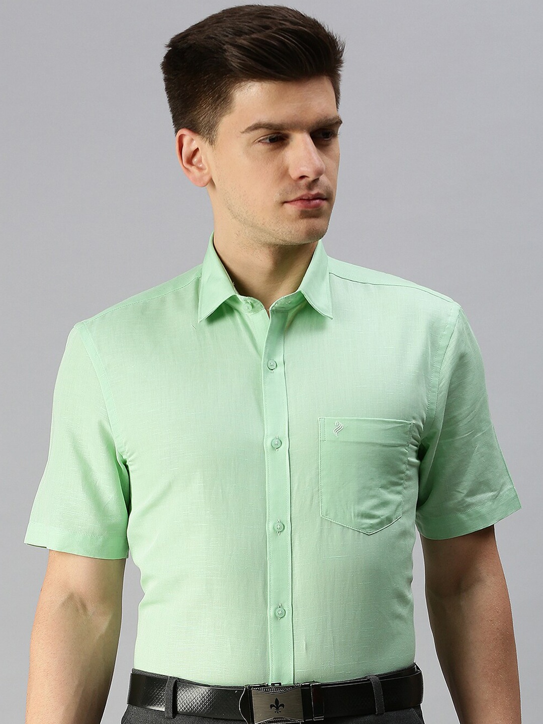 

ALAYA Slim Fit Spread Collar Opaque Cotton Linen Formal Shirt, Green