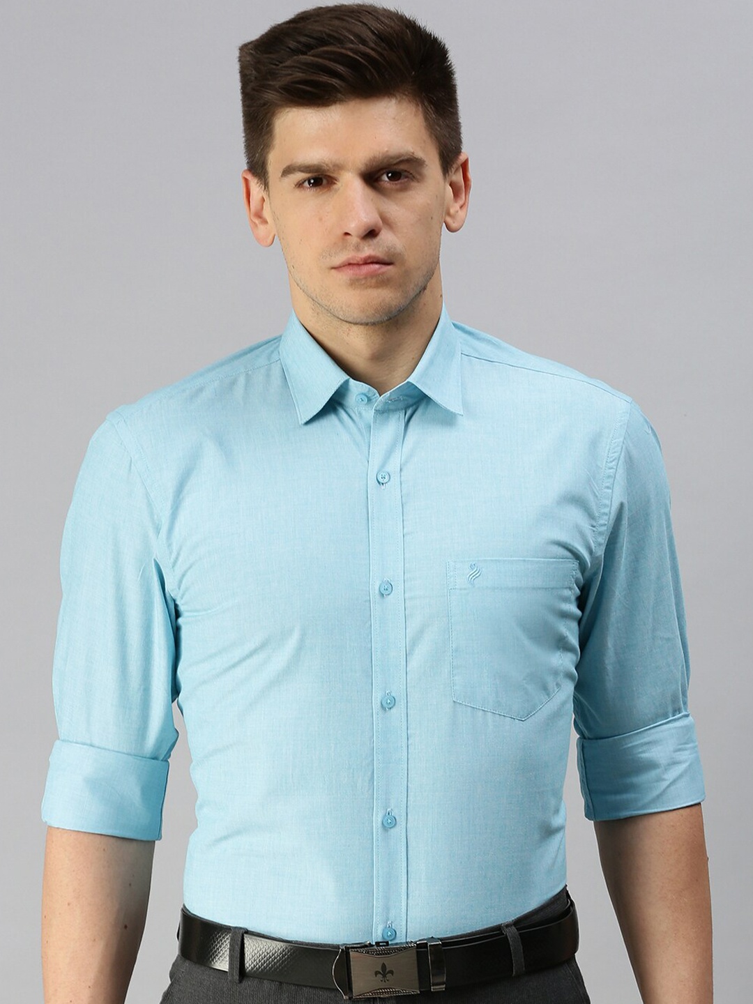 

ALAYA Slim Fit Spread Collar Opaque Cotton Formal Shirt, Blue