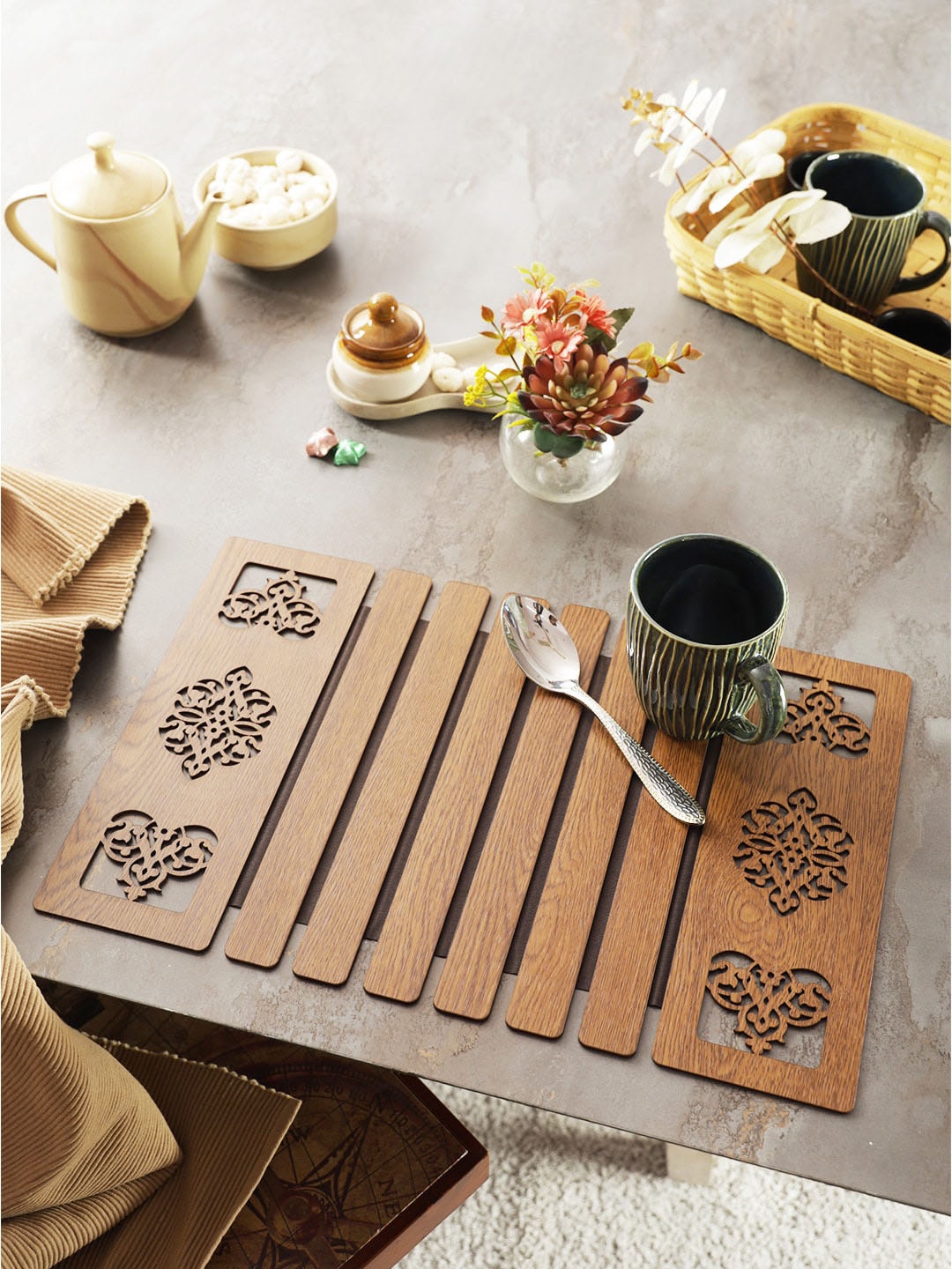 

eyda Tan Brown 6 Pieces Wooden Foldable Table Placemats