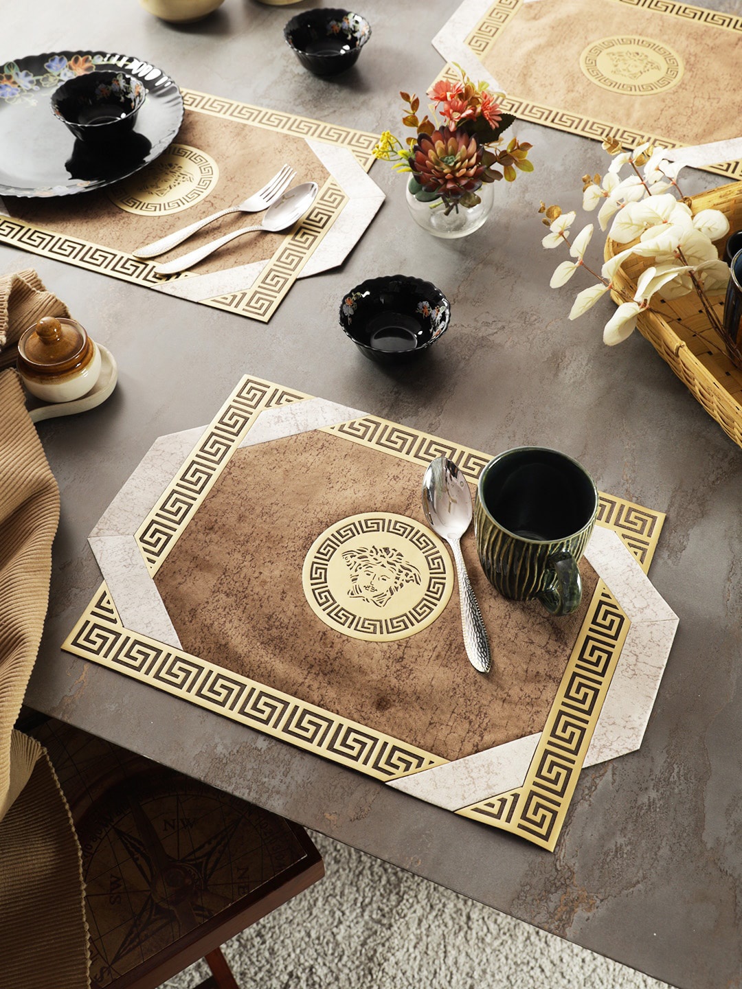

eyda Brown & Beige 6 Pieces Self-designed Suede Table Placemats