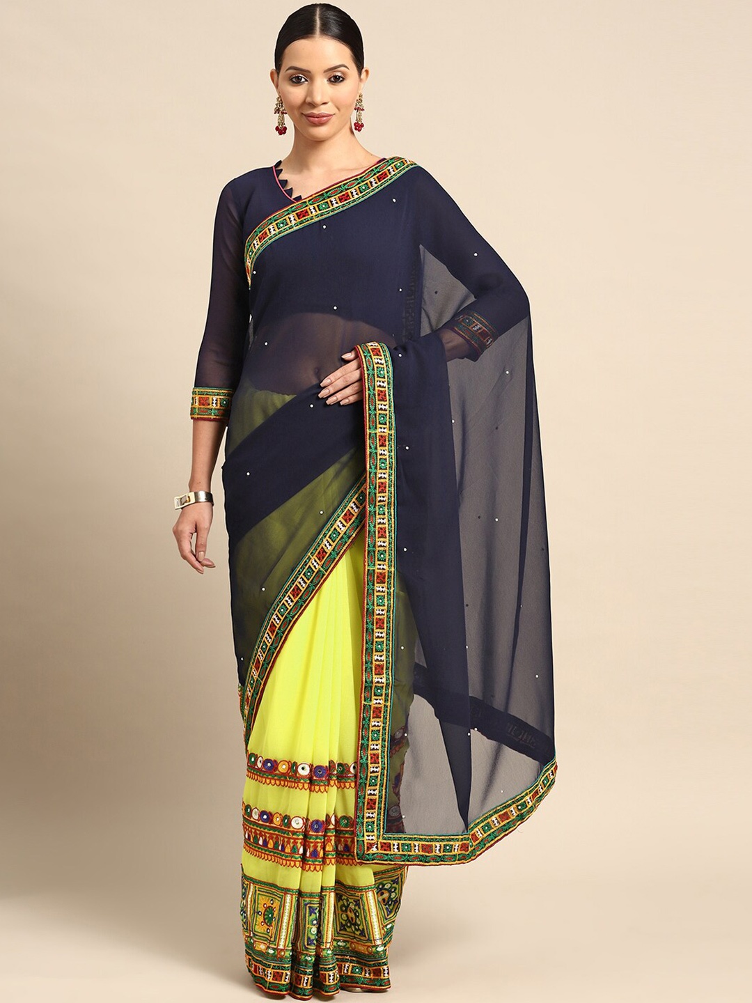 

Mitera Floral Kutchi Embroidery Pure Georgette Half and Half Saree, Blue