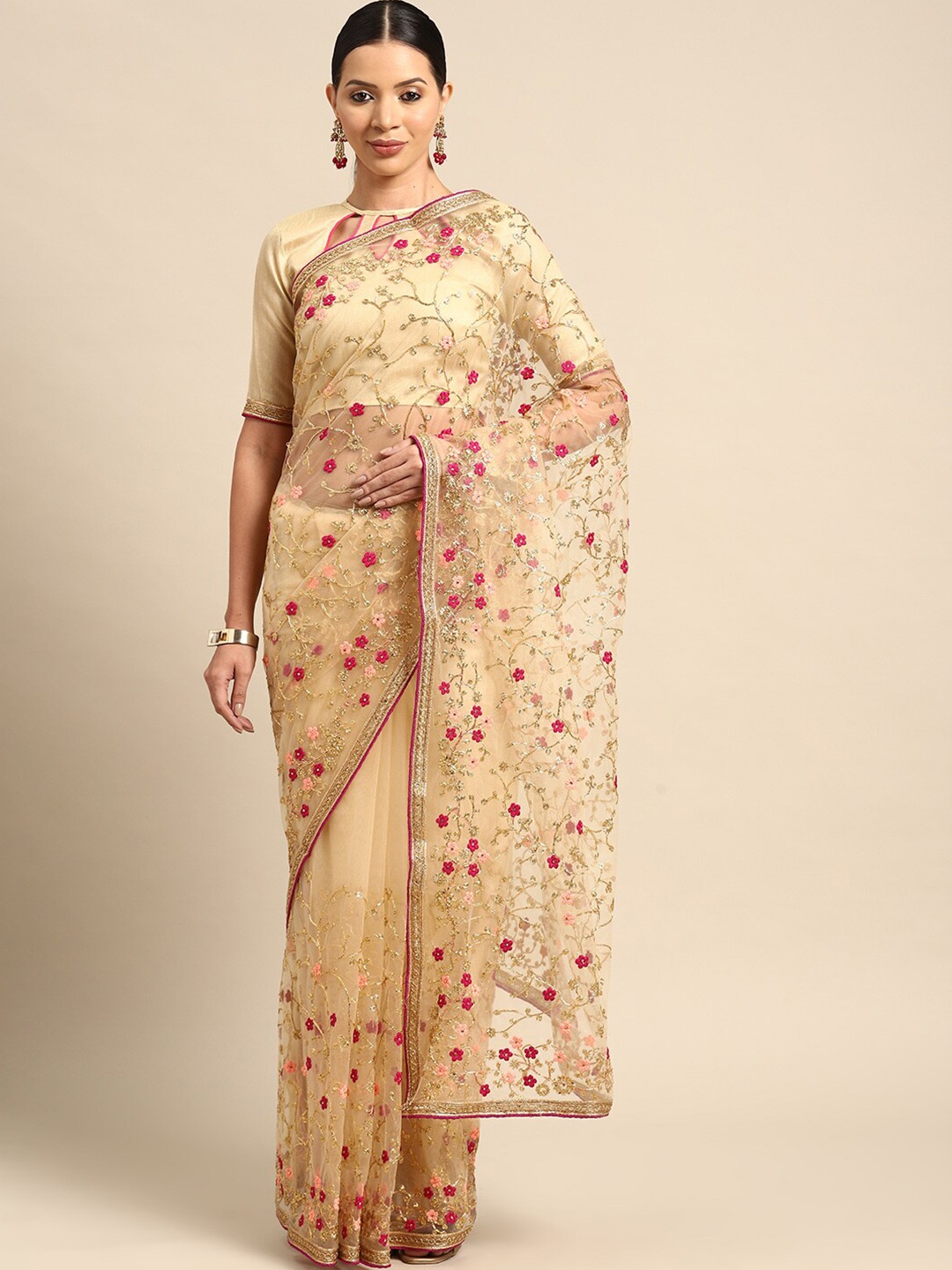 

Mitera Floral Embroidered Net Saree, Cream