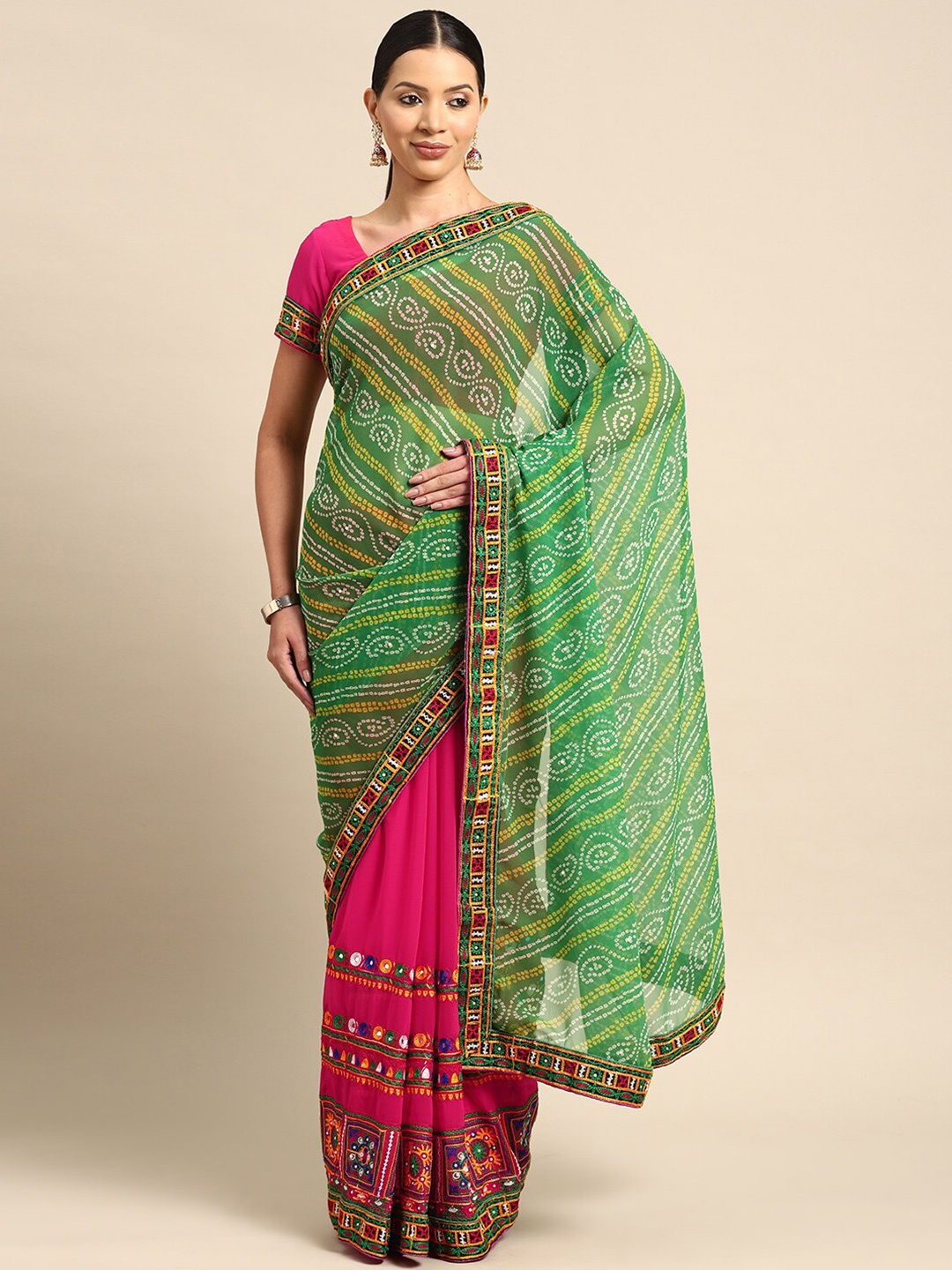 

Mitera Bandhani Kutchi Embroidery Pure Georgette Half and Half Bandhani Saree, Green