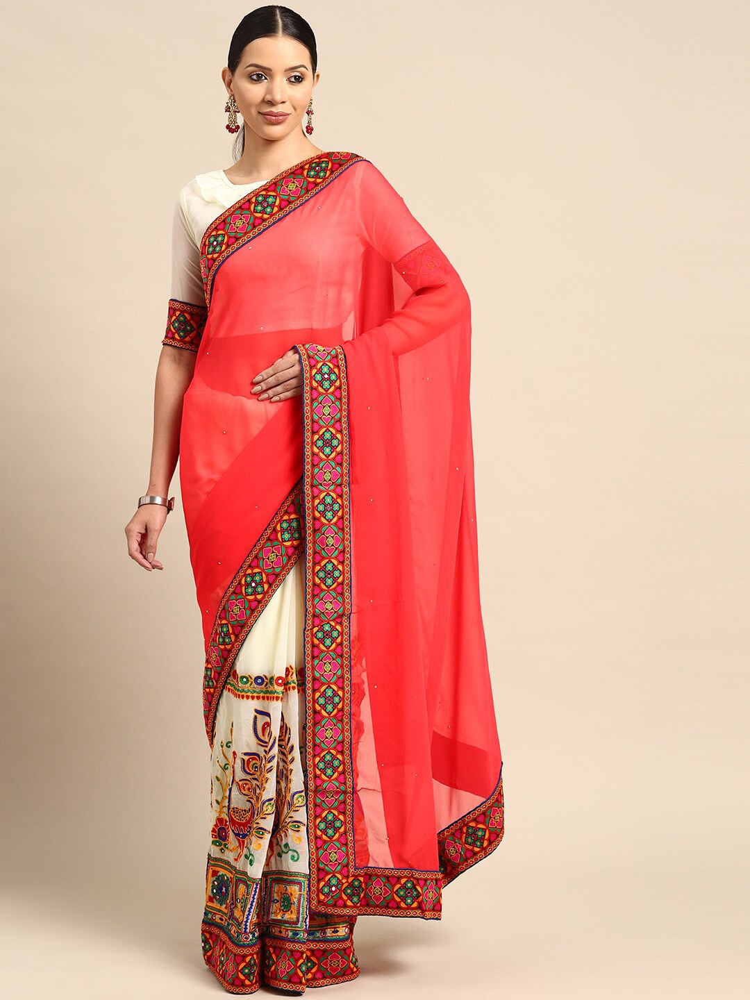 Mitera Floral Kutchi Embroidered Pure Georgette Half and Half Saree, Pink