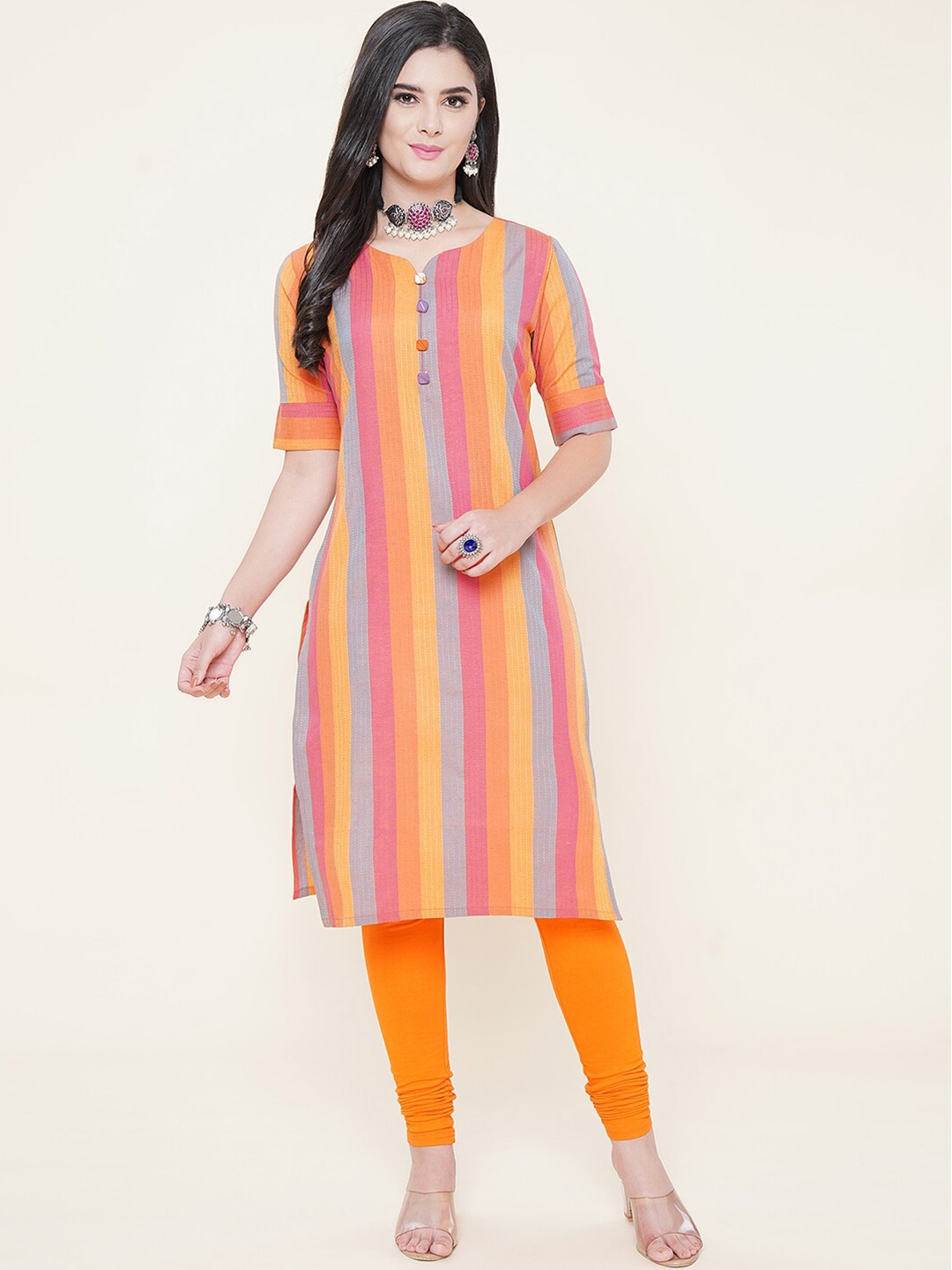 

KALINI Striped Round Neck Short Sleeve Straight Kurta, Orange