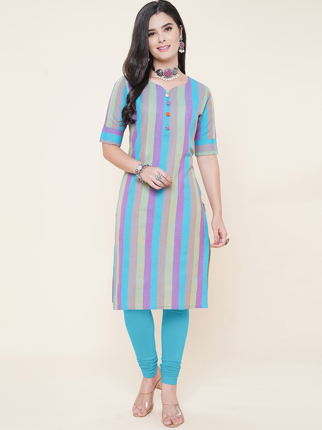 

KALINI Striped Round Neck Short Sleeve Straight Kurta, Blue