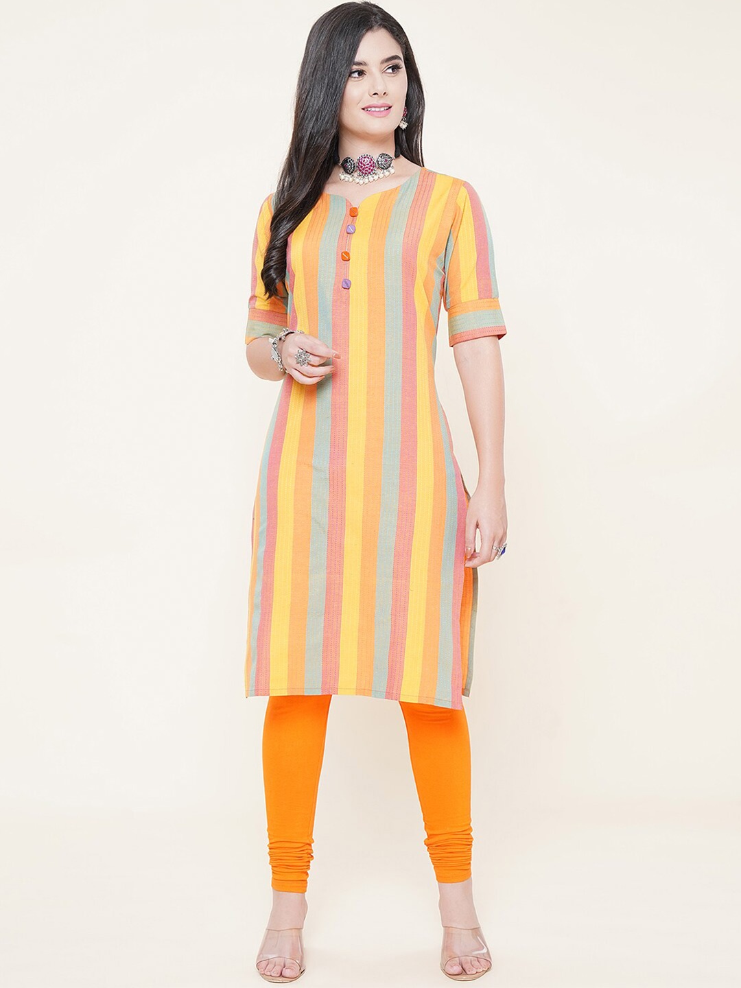 

KALINI Striped Printed Round Neck With Notched Straight Cotton Kurta, Yellow