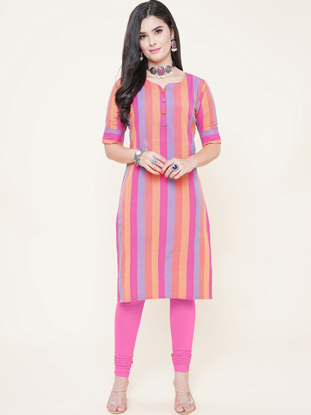 

KALINI Striped Round Neck Short Sleeve Straight Kurta, Pink