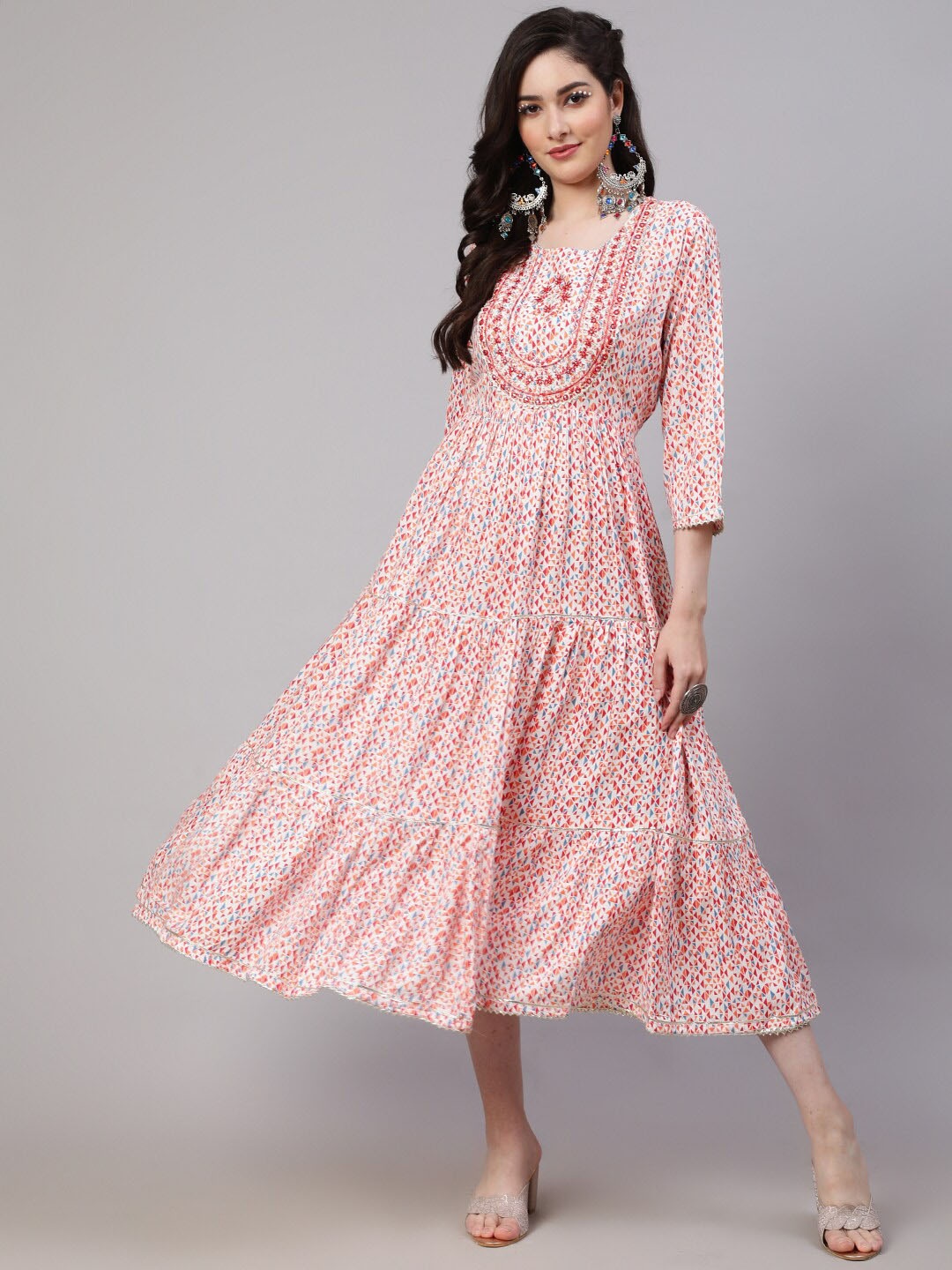 

KALINI Geometric Printed Mirror Work Tiered Fit & Flare Ethnic Dress, White